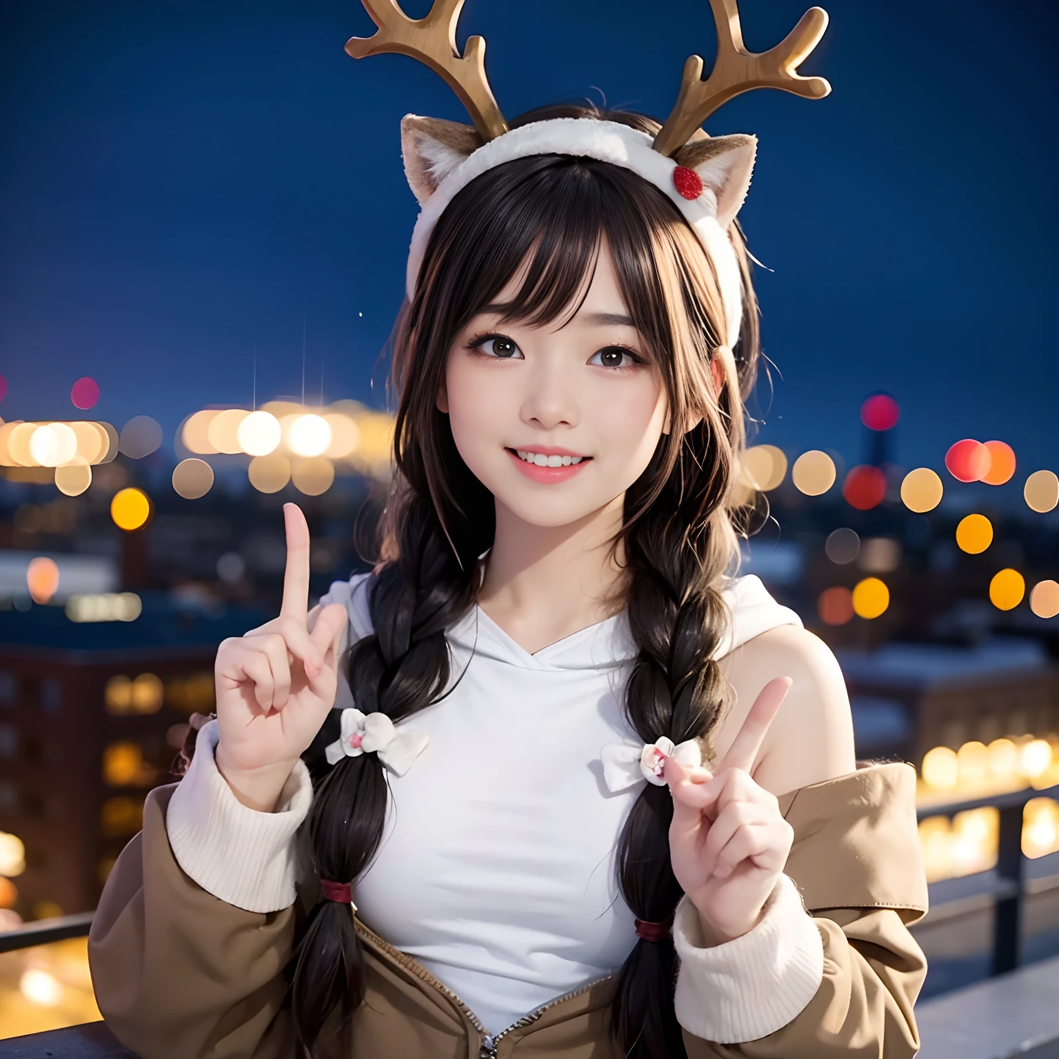 1girl in,Cute beautiful girl making a peace sign and winking and laughing,Reindeer Cosplay,Reindeer Horn Headband,Beautiful girl as cute as an angel,Fun atmosphere,Braids,small but well-shaped breasts,Brown fluffy hoodie with white edges,With the city lit up in the background,the background is blurred,​masterpiece.high-level image quality,Fun atmosphere,