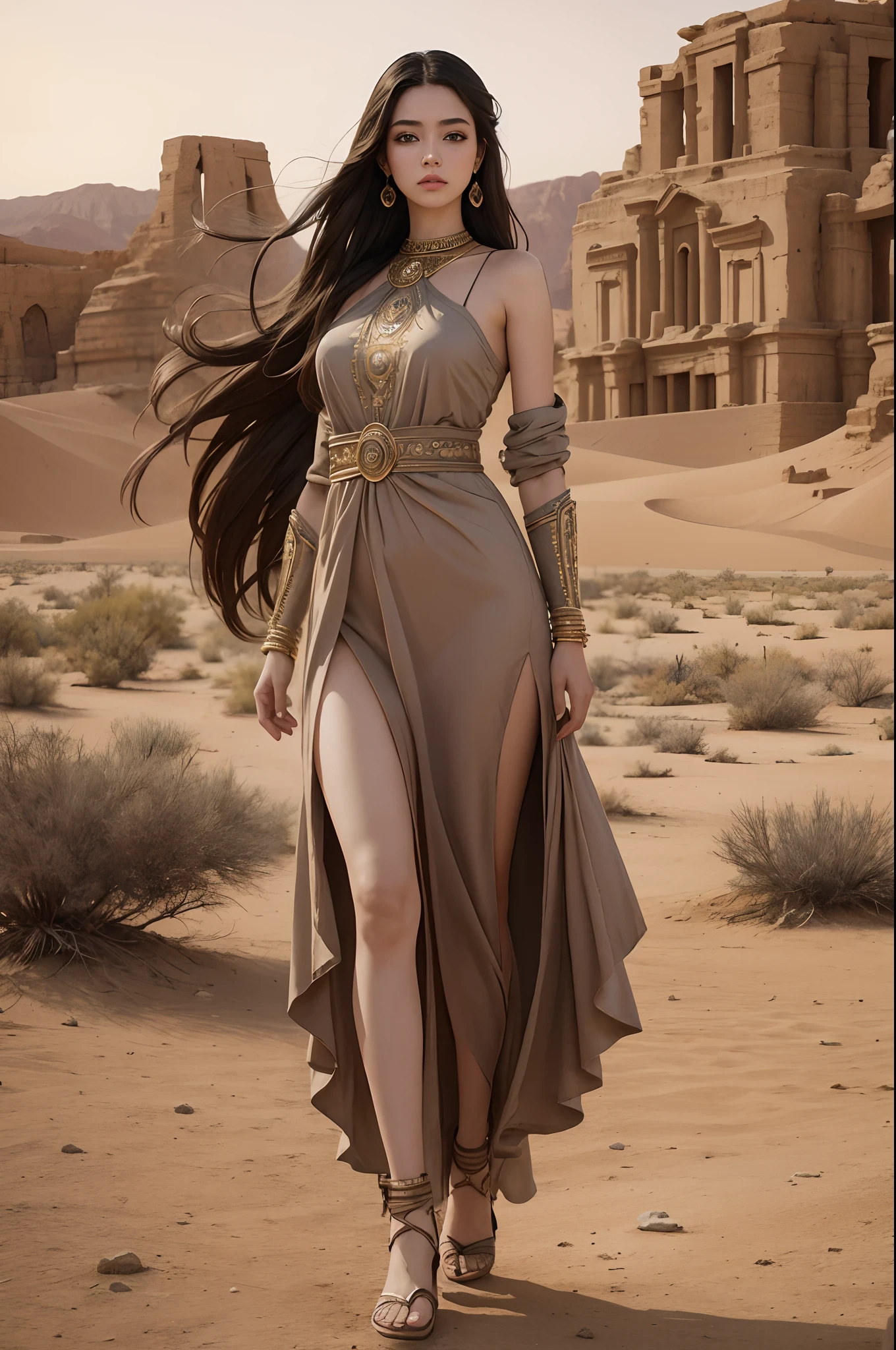 여자 1명, 발렌시아가스타일, (걸작, 최고의 품질, 현실적인), 긴 머리, 전신샷, 사막의 고대 도시를 배경으로, 매력적인 포즈, 상세한 눈