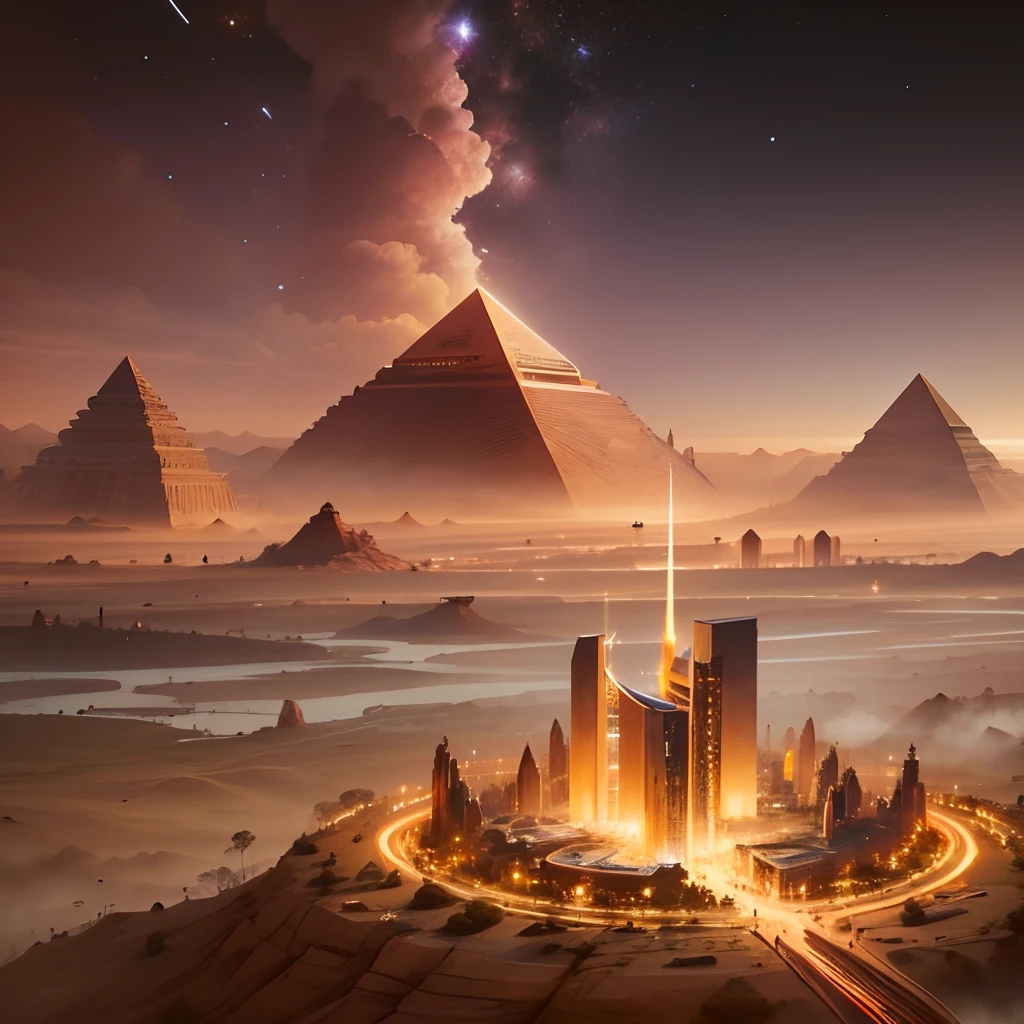 The architecture of the Egyptian civilization on the planet Mars at night, with space planes in the sky and the presence of giant, advanced buildings from a bird’s eye view. --auto --s2