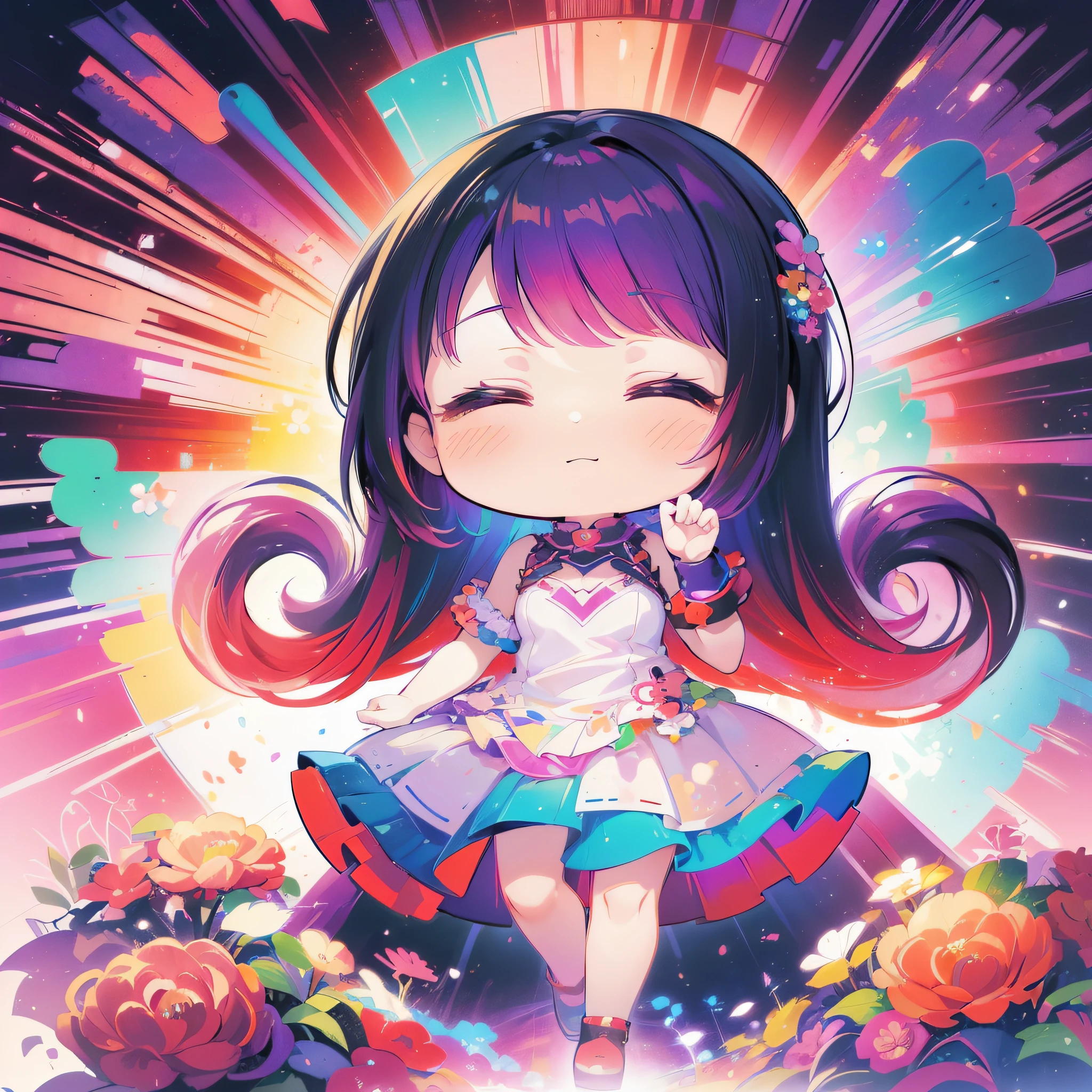 (((masutepiece))), Best Quality, Extremely detailed, (Abstract Art:1.2), (Psychedelia Theme:1.2), Rainbow Color、Anime, (Dress:1.2), (((girl with))), (((Solo))), Happy, Full body, Closed eyes, (((Deformed))), (((Chibi Character))), Floral_Background
