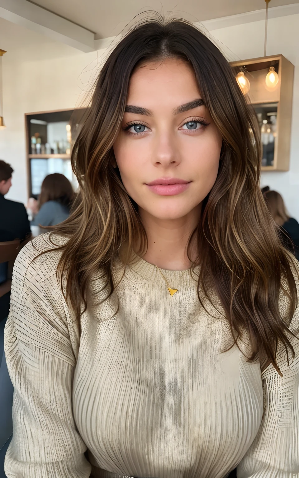 Beautiful brunette with blonde highlights wearing a gold sweater,  (in a cafe drinking core ), highly detailed, 22 years old, ismile  face, natural wavy hair, blue eyes, high resolution, Masterpiece, Best quality, Intricate high detail, Highly detailed, Sharp focus, Detailed skin, realistic skin texture, texture, detailed eyes, professional, 4k, charming smile, shot on Canon, 85mm, shallow depth of field, Kodak Vision Color, Perfect Fit Body , extremely detailed, photography_\(ultra\), Photorealistic, Realistic, Post-processing, maximum details, roughness, real life, ultra realistic, Photorealism, photography, 8k UHD, photography, busty