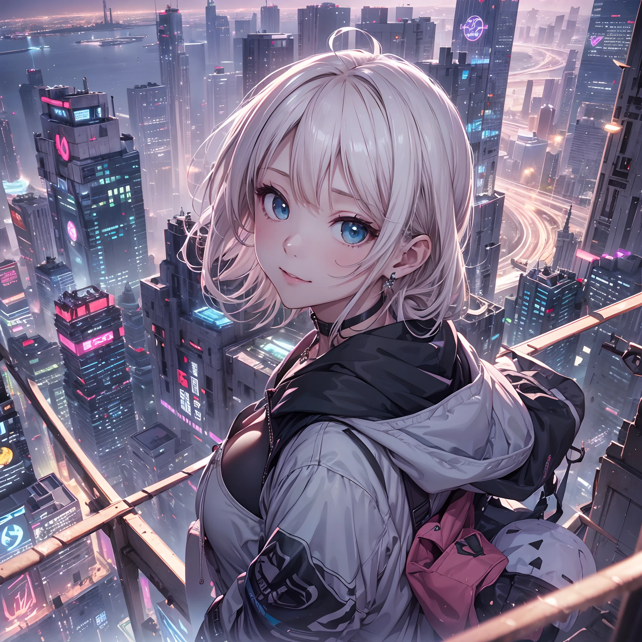 absurderes, hight resolution, (Official art, Beautiful and aesthetic:1.2), best qualtiy、(1girl in:1.8)、(solo:1.7)、Ultra-detail,bright colour, Anime Face、extremely beautiful face and eyes,Naughty smile、(Platinum Blonde Hair:1.4) 、(Short low twin tail),(Pink Open Hoodie)、Colossal 、(cleavage:1.2)、Blushing、(cyan eyes:1.2)、deep in the night、You can see the sea in the distance、Meteor swarm、iridescent lighting、Building Light、Diamond Dust、Superb view、a choker、small earring、(jumpping)、raise two hands、(Black Plaided Pleated Skirt),IsometricFuture, Anime Style School, Isometric cutaway, nigh sky, (Urban landscape of the near future), depth of fields, Full-HD, Rim lighting, Vivid and sharp cinematic lighting, shadowy, chromatic abberation, Art by Art Germ, greg rutowski, Square Enix, unreal enginee 5, FXAA, IsometricFuture、Pink light、purple lights、Yellow-green light、(Cyber City)、(Near Future City)、Ruins、