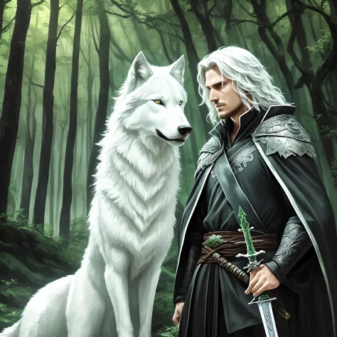 He is wearing a black robe and holding a sword in his hand. Behind him is a green forest, and next to him is a majestic white wo...