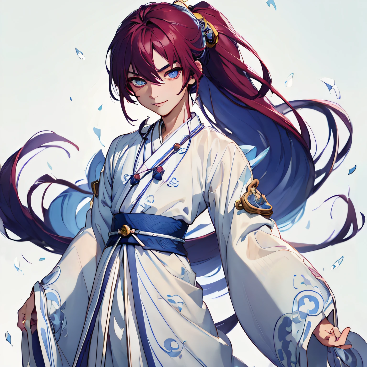 (1个boy:1.5), (Burgundy hair:1.2), (Fine eyes), A detailed face, Exquisite facial features, Dreamy style, China_ High ponytail, China_Hanfu, Taoist robes, (Blue and white clothes:1.5), Ornate robe, Towards boots, Digital artwork, white backgrounid, Simple background, Gentle expression, Bead necklace, standing on your feet, full bodyesbian, romanticism lain, seductive smile, Anime style, Depth of field, Textured skin, High details, High quality, 8K