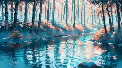 (((Forest creek)))，((Colorful)),amarelo，Red, white, pink, green，beautiful scence,Stunning landscape paintings,colorized pencil,s...