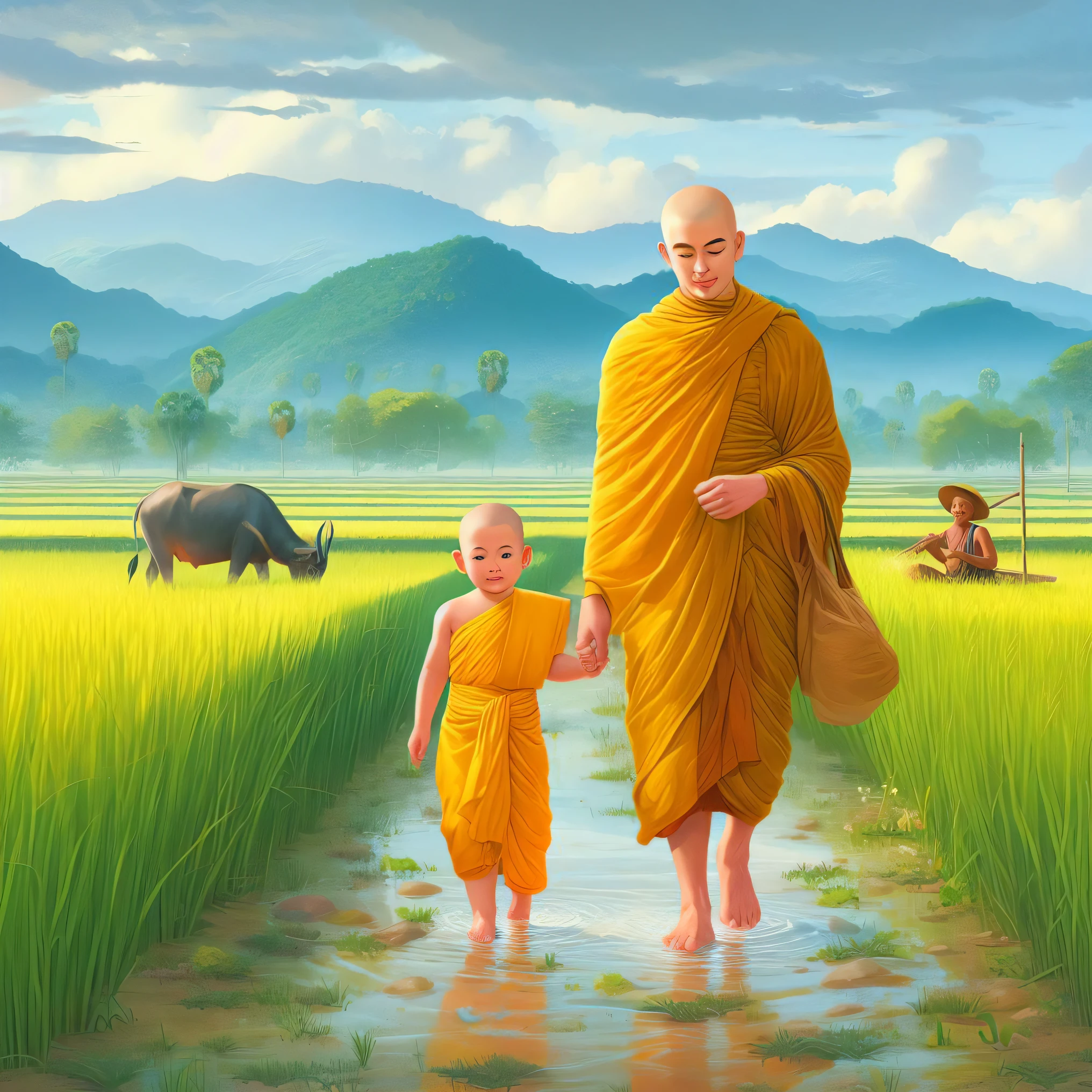 painting of a monk and a child walking through a rice field, buddhist, buddhism, buddhist monk, monk, monk clothes, monks, 2 1 st century monk, on path to enlightenment, thailand art, the journey of life, by John La Gatta, on the path to enlightenment, beautiful depiction, concept art of a monk, breathtaking art, portrait of monk