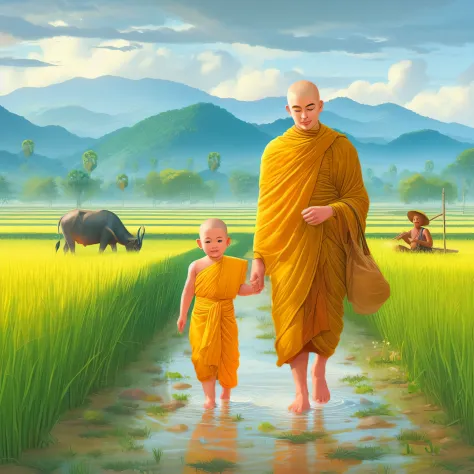 painting of a monk and a child walking through a rice field, buddhist, buddhism, buddhist monk, monk, monk clothes, monks, 2 1 s...