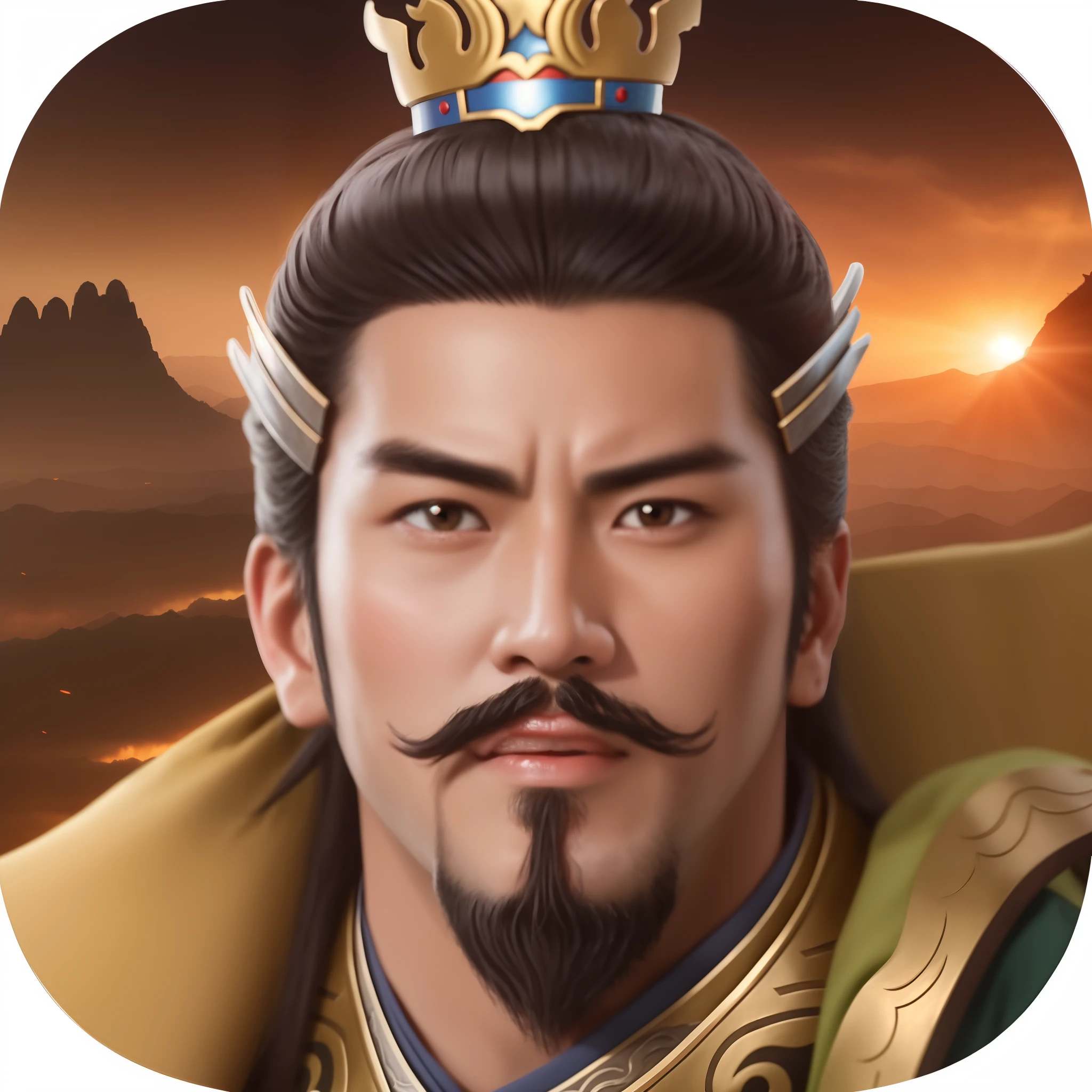 Close-up of a man with a crown on his head, chinese three kingdoms, from three kingdoms, three kingdom, xianxia hero, Three kingdoms, nanquan, bian lian, royal emperor, feng shu, Xianxia, inspired by Xuande Emperor, Ming dynasty, Guan yu, dynasty, zmonzheng, zhao yun, hua cheng，serious, ray tracing, reflection light, backlighting, UHD, retina, masterpiece, ccurate, super detail, best quality, award winning, high quality, high details, highres, 1080P, 4K, 8k, 16k