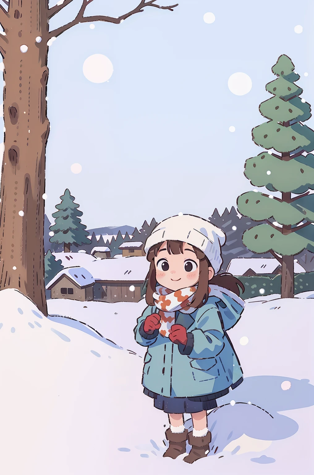 Girl, Long hair, face round, Big eyes, down jacket, Smile, Scarf, winter, park, yukito, White snow, tree, snow cover, in a panoramic view, Front
