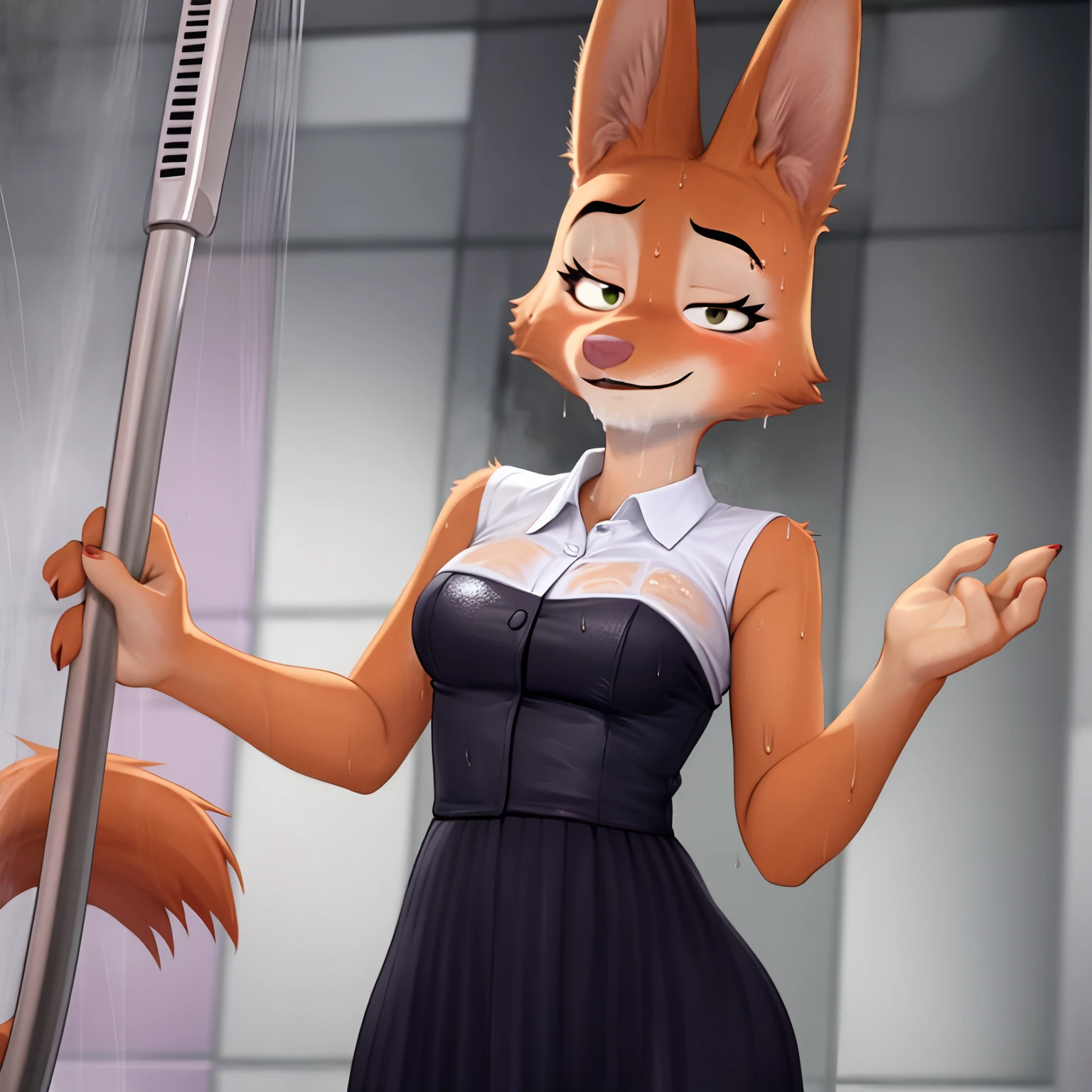 Cartoon fox in a dress holding a pole in front of a mirror - SeaArt AI