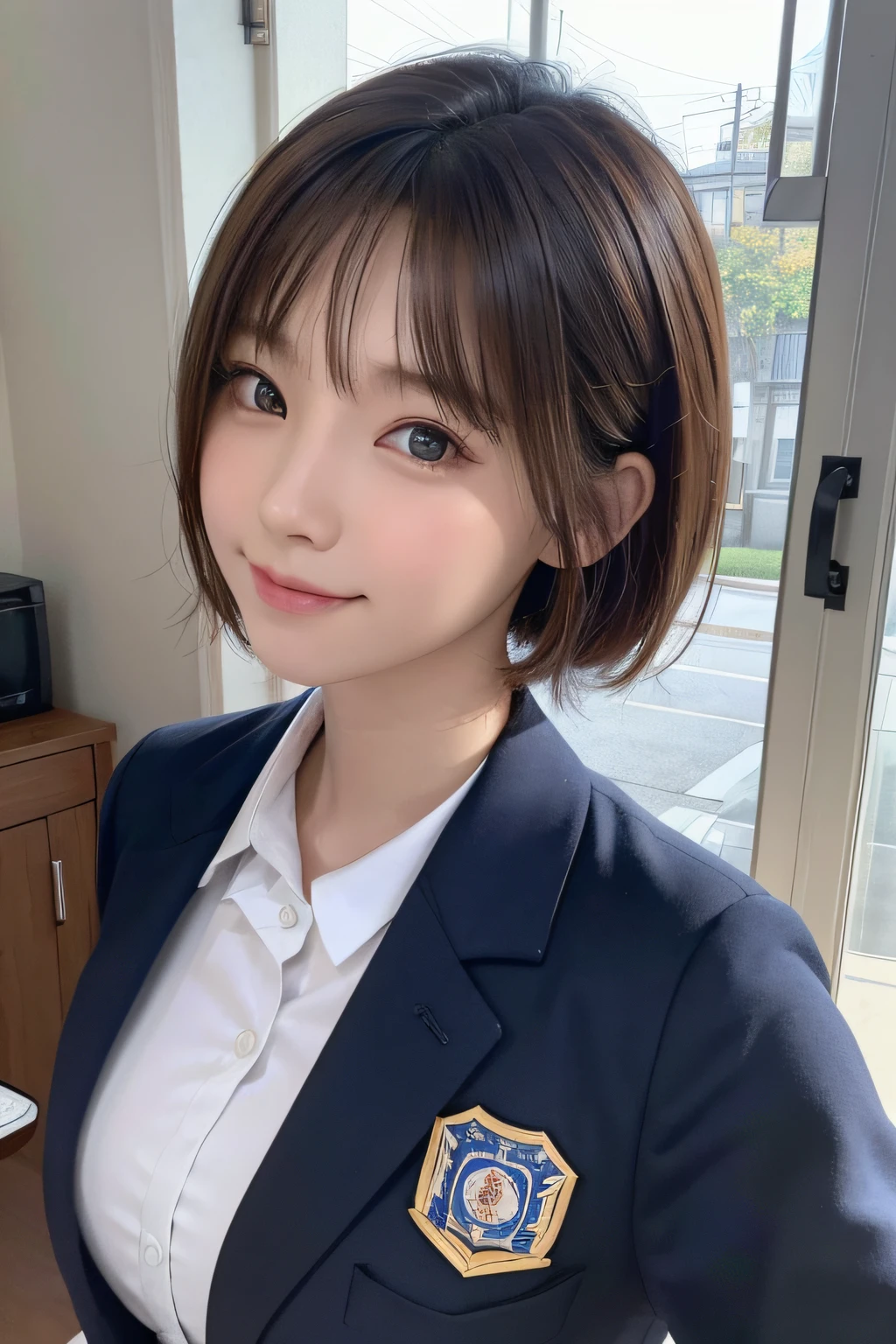 ​masterpiece, 1 beautiful girl, A detailed eye, Swollen eyes, top-quality, 超A high resolution, (reality: 1.4), 电影灯光, japanes, Trendy Korean Cosmetics、a asian beauty, very extremely beautiful, Beautiful skins, A slender, Forward-facing body, (A hyper-realistic), (hight resolution), (8K), (ighly detailed), ( Best Illustration), (beautifully detailed eyes), (ultra-detailliert), (wall-paper), 详细的脸, Bright lighting, Professional Lighting, looking at the viewers, Facing straight ahead、a pixie cut、Neat and clean clothing、background slightly blurred、Hair color is black、Hair color is partially bright blue、Japanese high school  girl、School Uniforms、Amazing smile、Eye color is brown、medium breasts⁩