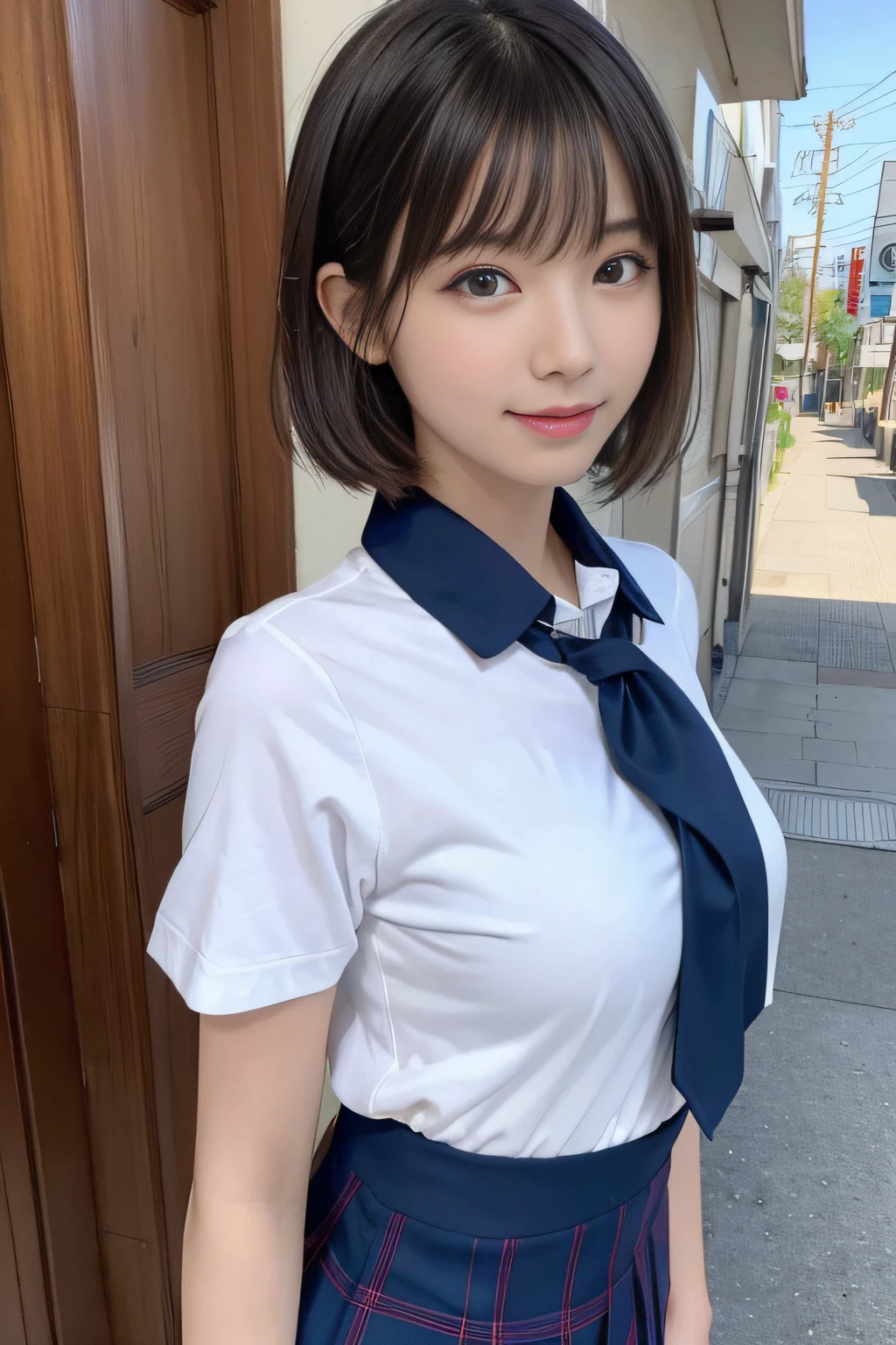 ​masterpiece, 1 beautiful girl, A detailed eye, Swollen eyes, top-quality, 超A high resolution, (reality: 1.4), 电影灯光, japanes, Trendy Korean Cosmetics、a asian beauty, very extremely beautiful, Beautiful skins, A slender, Forward-facing body, (A hyper-realistic), (hight resolution), (8K), (ighly detailed), ( Best Illustration), (beautifully detailed eyes), (ultra-detailliert), (wall-paper), 详细的脸, Bright lighting, Professional Lighting, looking at the viewers, Facing straight ahead、a pixie cut、Neat and clean clothing、background slightly blurred、Hair color is black、Hair color is partially bright blue、Japanese high school  girl、School Uniforms、Amazing smile、Eye color is brown、medium breasts⁩、18 only