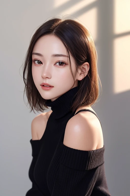 超A high resolution,masutepiece,Best Quality,
extremely delicate face,Detailed eyes,very intricate,perfect glossy shiny skins,Perfect Lighting,Detailed Lighting,Dramatic shadows,Ray tracing,
1girll,full body Esbian,Black sweater,　turtle neck、off shoulders、view the viewer,