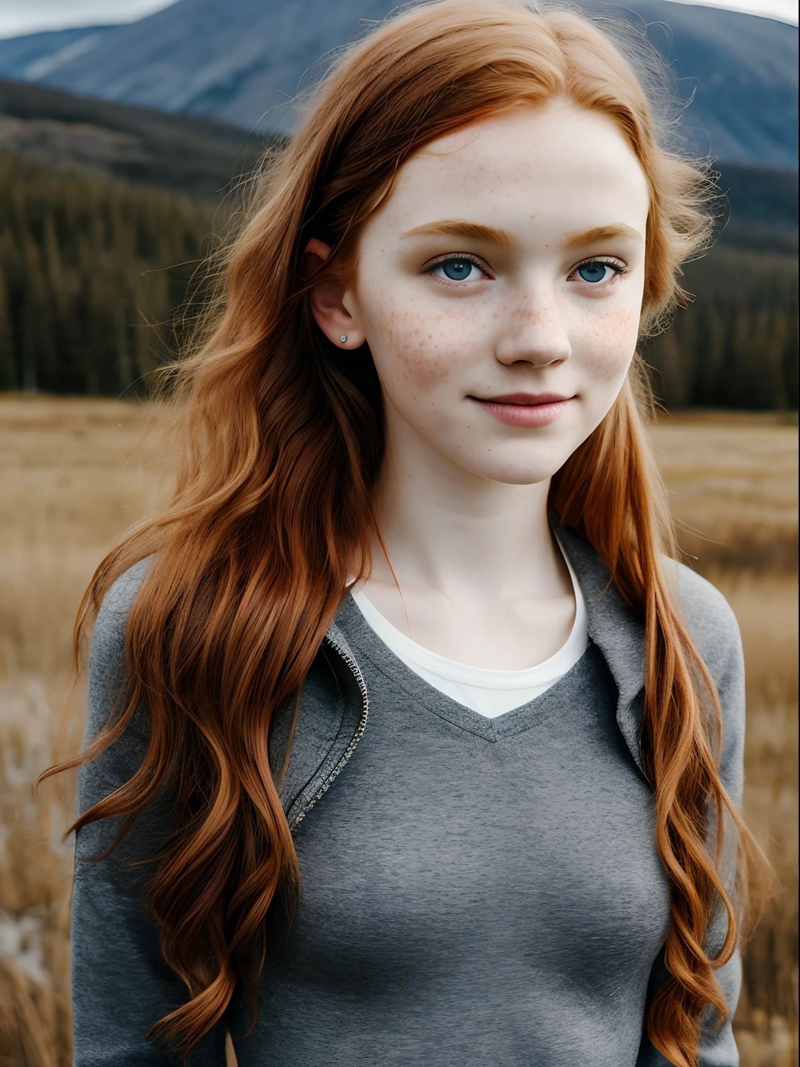 1girl in, age13, teenager, Solo, Aesthetic artwork, irish redhead, curly ginger hair, shoulder length ginger hair, light grey eyes, some small freckles, pale skin, small breasts, runners body, (thin hips, thin waist: 1.1), detailed skin, shy smile, wearing dark gray jacket, wearing navy blue leggings, in a clearing looking at Rocky mountains, early winter, no snow, mountains, blury background, facing away, (back to camera, looking away: 1.25), (extremely detailed 8k wallpaper), (hard lighting), high quality, film grain, Fujifilm XT3 sharp focus, f 5.6, 50mm, High Detail, Sharp focus, (natural light), crazy details, complex details, hyperdetailed