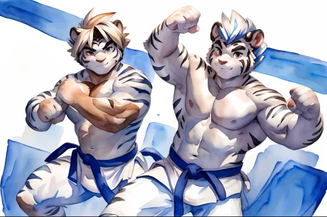 Hominidae, Pose for Camera. 4K, high resolution, Best quality, posted on e621, (Two anthropomorphic white tigers:1.2), male people, 20yr old, Thick eyebrows, Light blue stripes, Ultra-short hair, shaggy, Strong body, large pecs, ((Shirtless)), They are pra...
