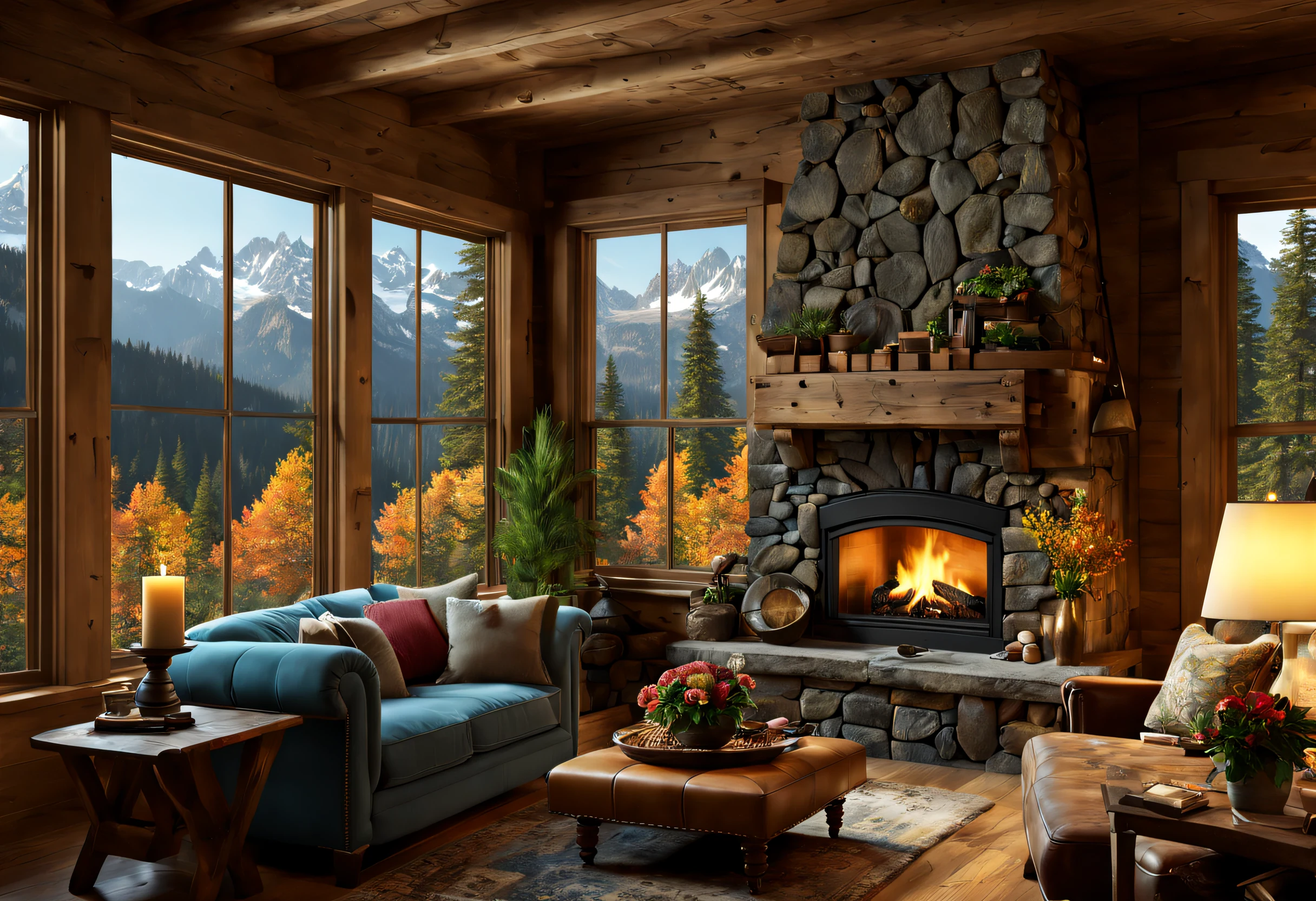 (best quality,4k,8k,highres,masterpiece:1.2),ultra-detailed,(realistic,photorealistic,photo-realistic:1.37),Mountain Cabin,cozy cabin,wooden cabin surrounded by mountains,serene atmosphere,great attention to detail,peaceful setting,panoramic view of the mountains and forest,secluded location,one large windows with breathtaking views,quaint and rustic design,smoke coming out of the chimney,warm and inviting ambiance,crackling fireplace,comfy furniture,soft and warm lighting,tranquil colors,natural materials,wood paneling,beautifully landscaped garden with colorful flowers and plants,clear blue sky,fresh air,gentle breeze,rustling leaves,quietude and serenity,hiking trails,nature exploration,adventure,hideaway,escape from the busy city life,perfect place for relaxation and meditation.