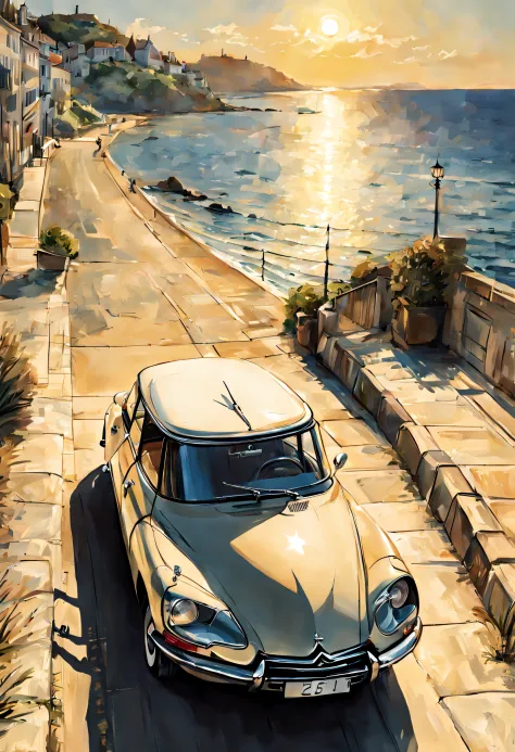 Citroen DS21, roule en bord de mer, avec du soleil, style dessin manga, Realstic, Distant view