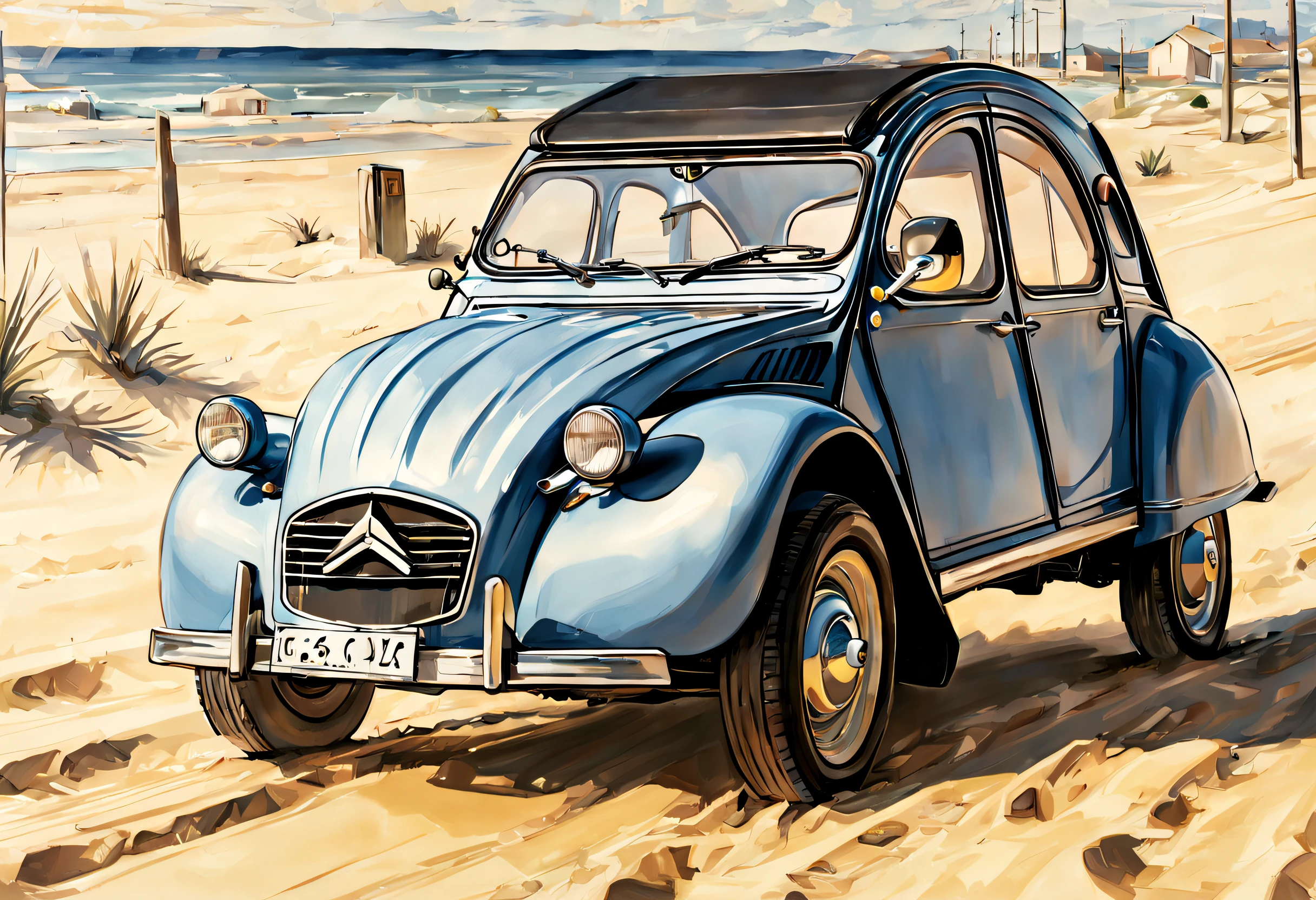 Citroën 2cv, en train de rouler sur le sable, avec du soleil, style dessin manga, Réaliste, vue lointaine