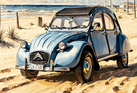 Citroën 2cv, en train de rouler sur le sable, avec du soleil, style dessin manga, Realstic, Distant view