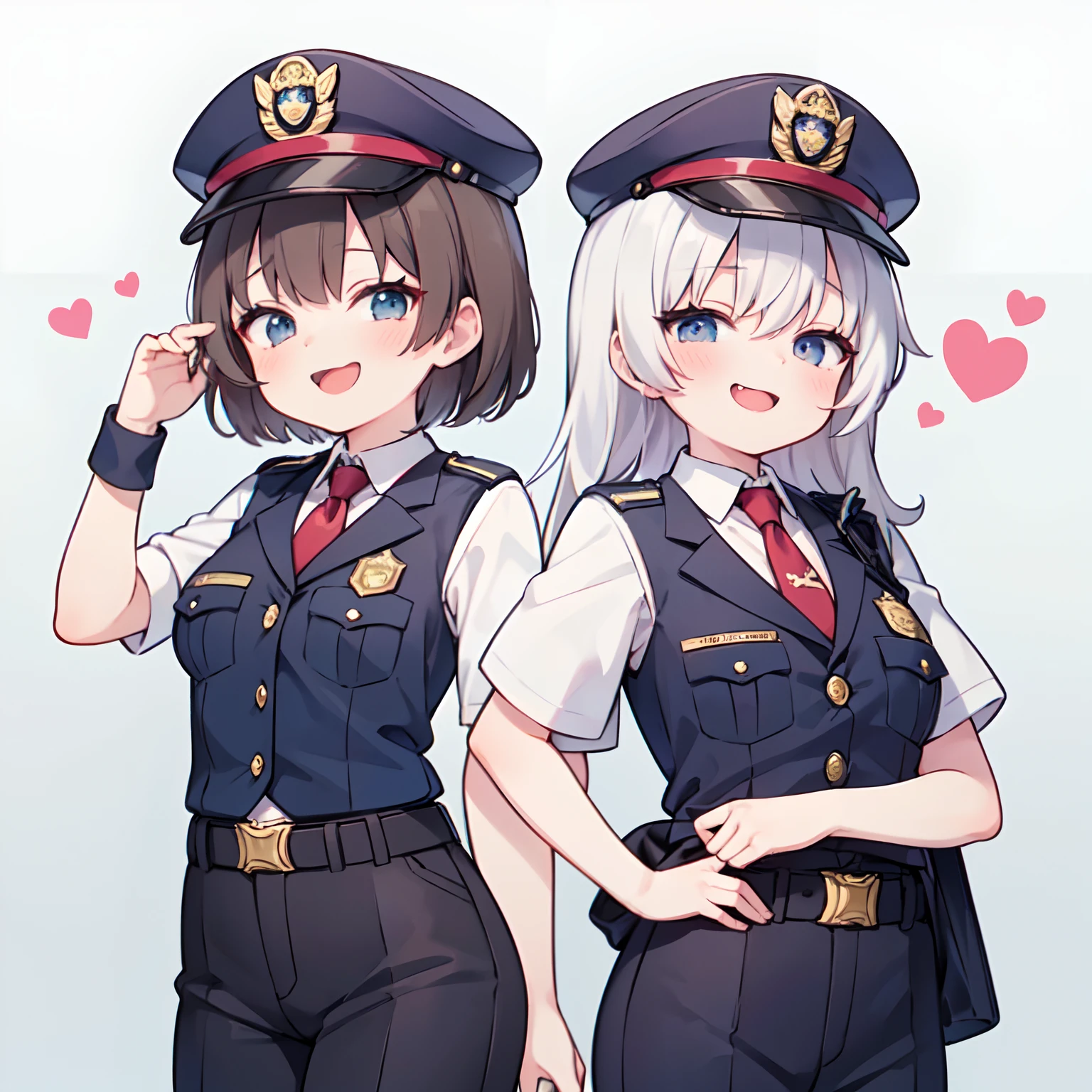 (melhor qualidade:1.2),(mesa:1.2),  multipel Meninas,alta qualidade、alta resolução、alta qualidade、2 meninas。Policial。policial feminina。Lori。Mesugaki,Boné de policial。(Yuri:0.7),fundo cinza, Same uniform,