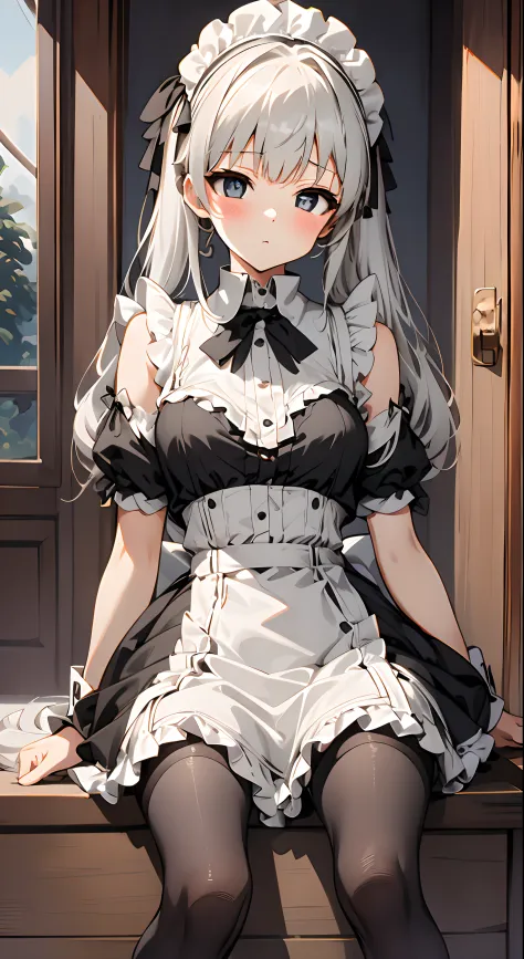 high-level image quality、top-quality、Detailed drawing、Reddening cheeks、Slender adult beauty、Maid clothes、Small eyes、kneehigh、Stockings、B cup，Silvery-white hair，double tails，Gray-black pupils，Pupil highlight，Shoulders exposed，Quiet and spacious study，Potted...