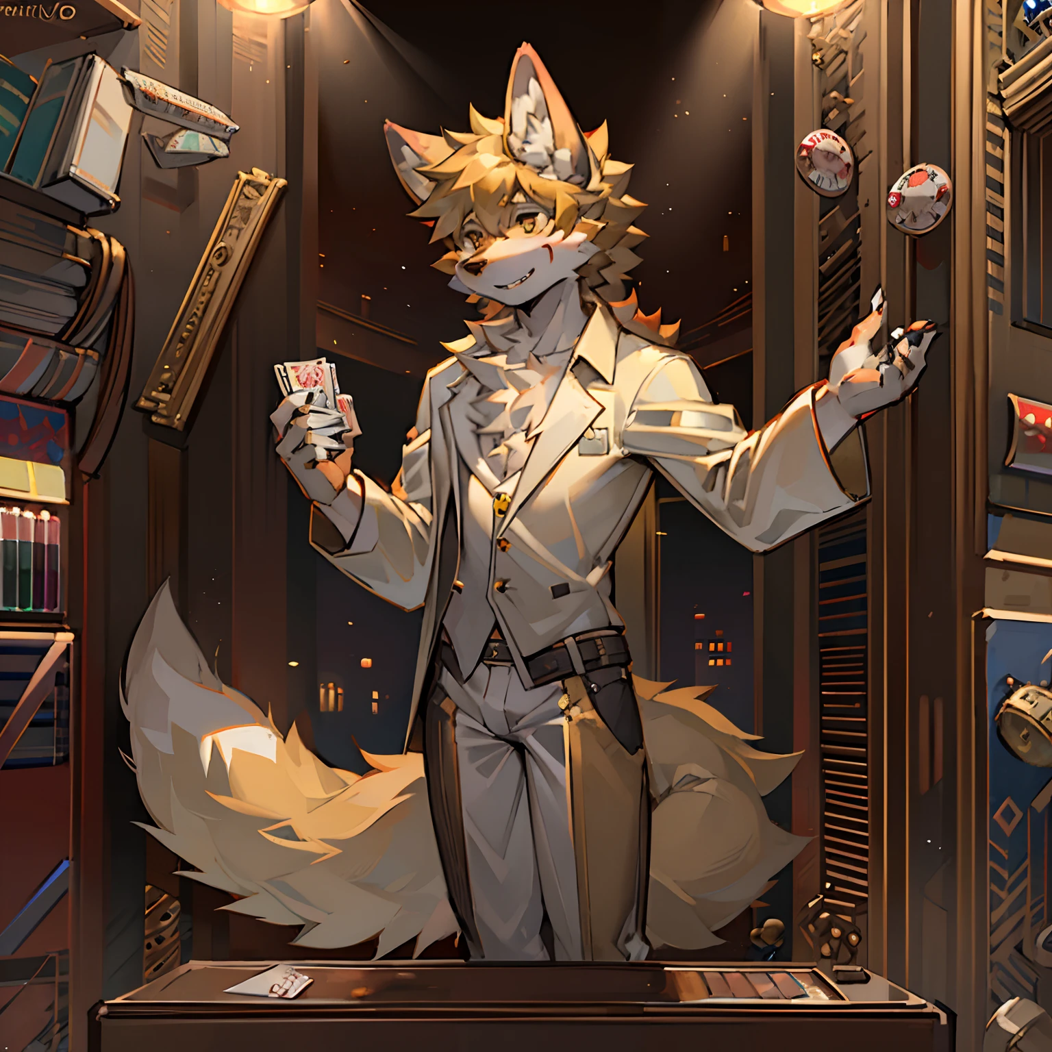 Libido boy，Canine ears，shaggy，large tail，Yellow and white coat color，Bare upper body，height of one meter seven，Handsome，With gambling cards in hand，The background is a casino