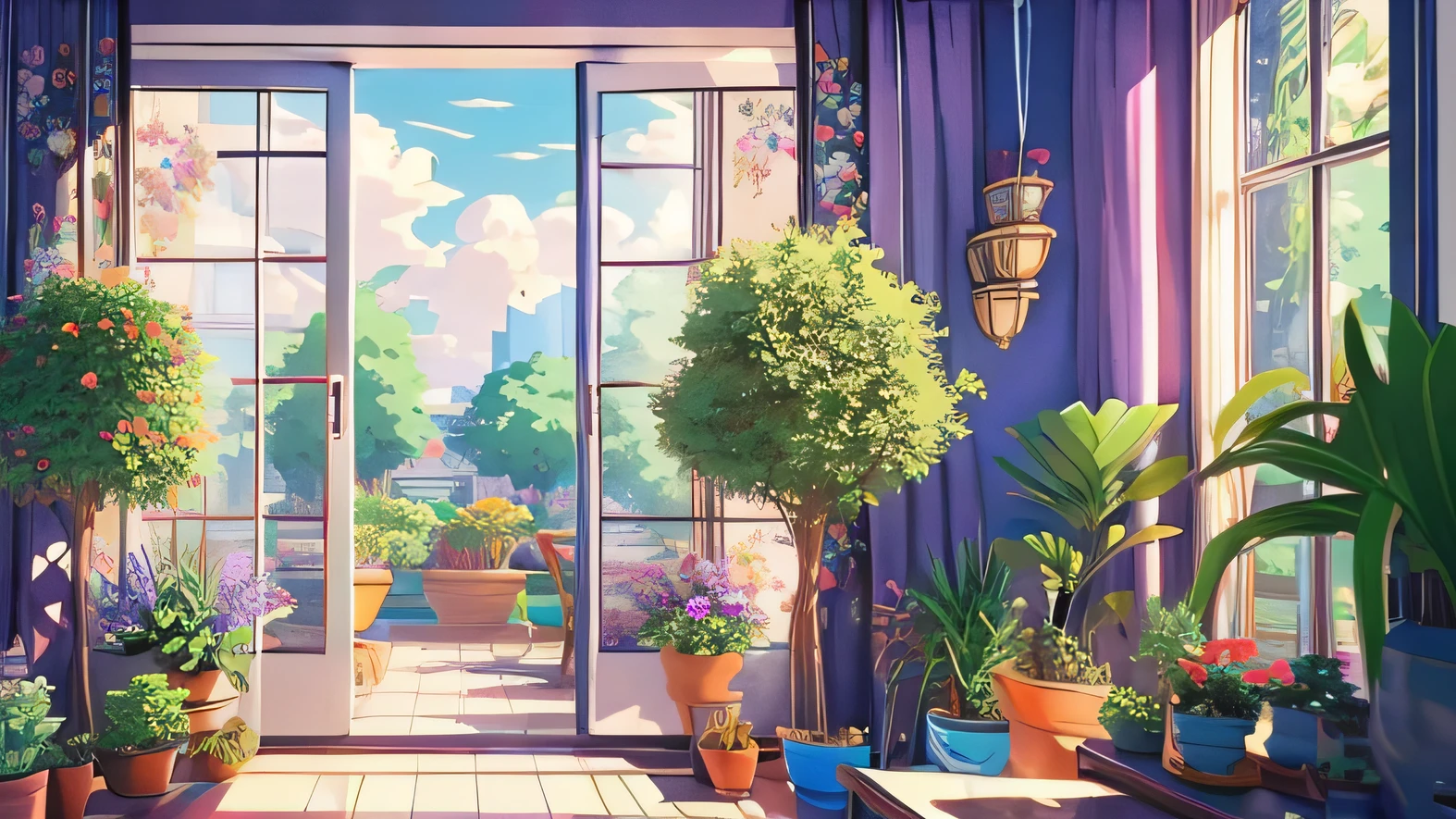 There are potted plants inside, Anime background art, floral environment, arte de fundo, interior background art, drawn in anime painter studio， anime backgrounds, Lots of plants and flowers, beautiful anime scenes，liveroom，inside in room，Warm，Purple flowers，Blue sky and white clouds outside the window，Warm scene in the interior