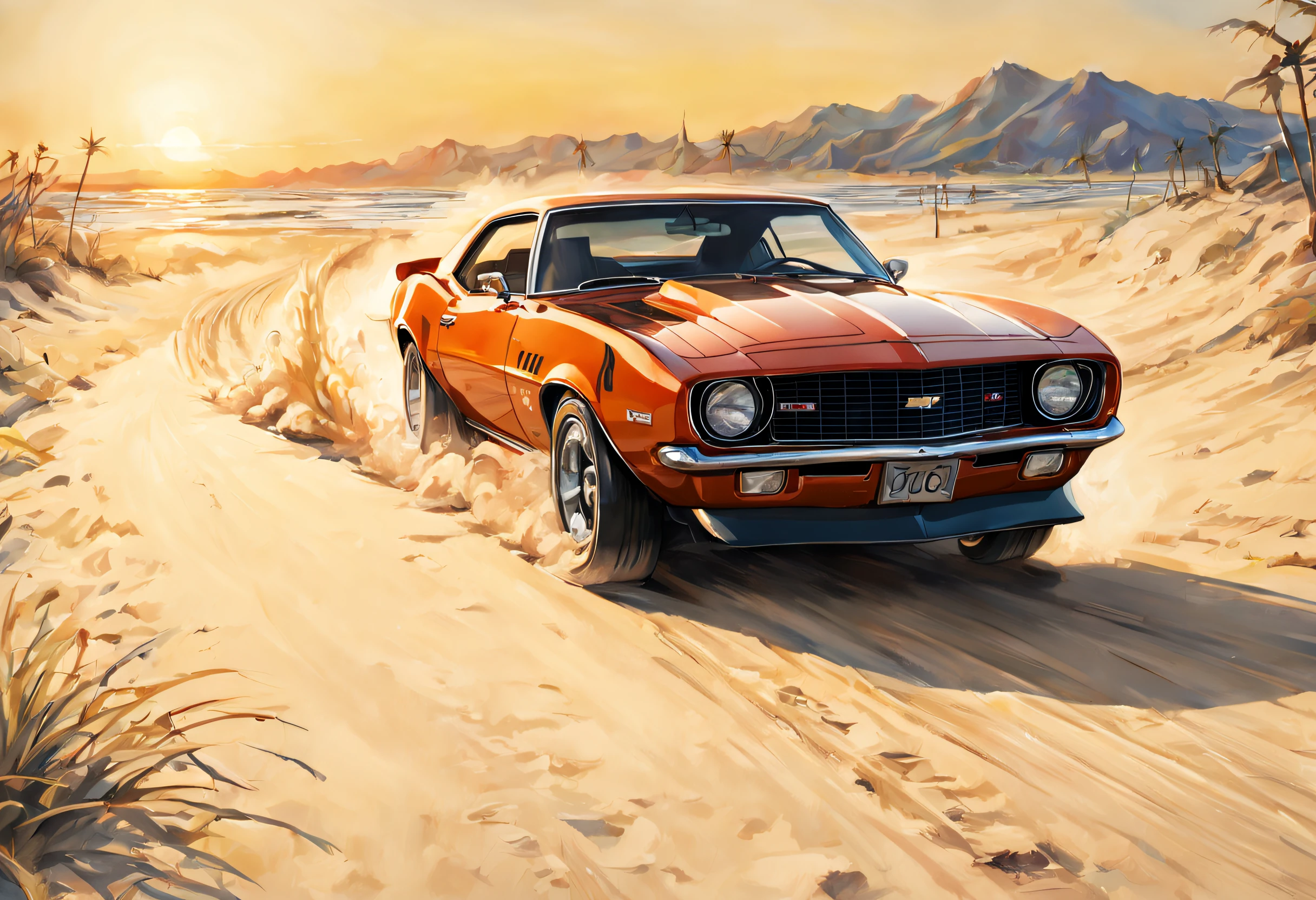 Chevrolet Camaro 1970, en train de rouler sur le sable, avec du soleil, style dessin manga, Realstic, Distant view