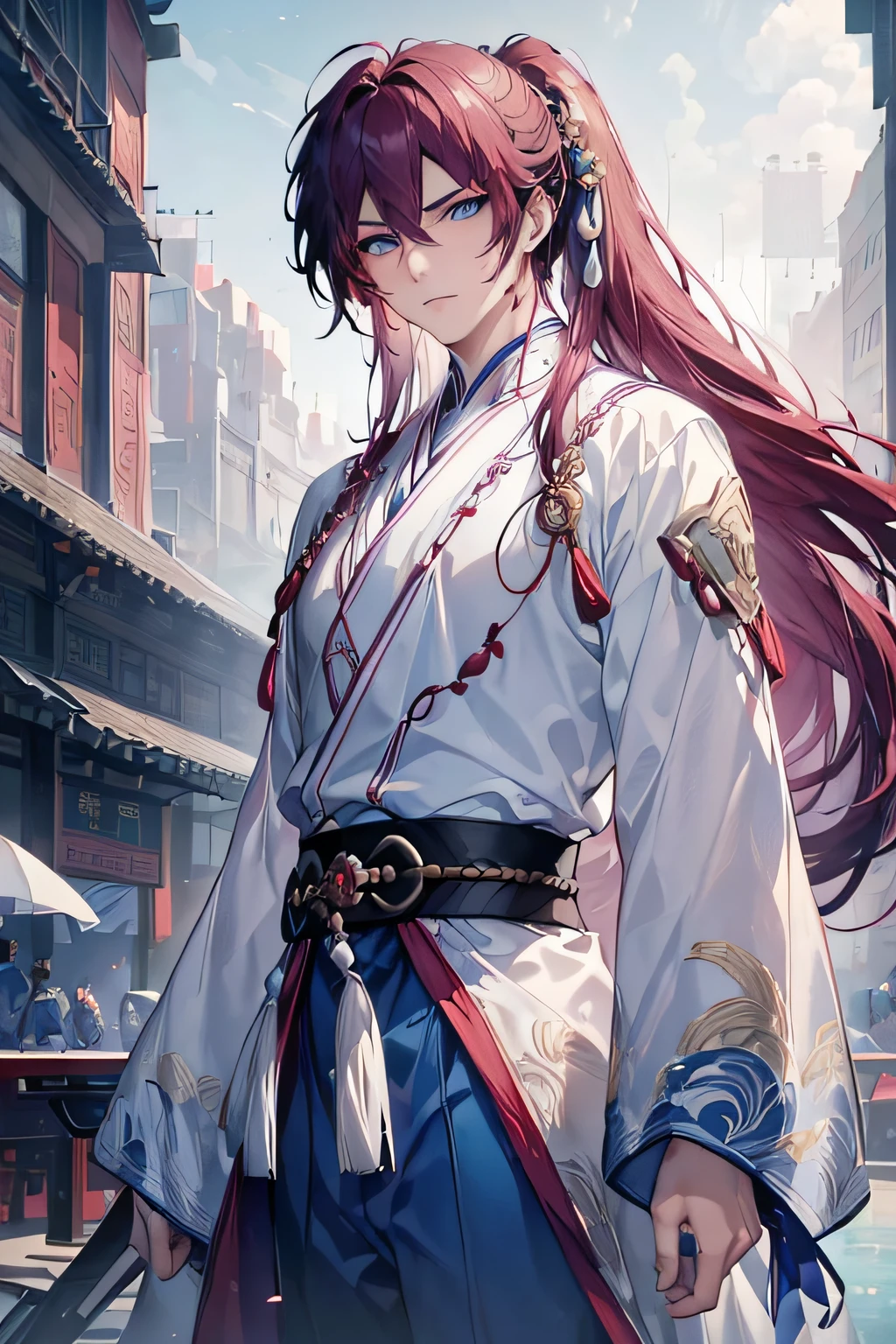 (1个boy:1.5), (Burgundy hair:1.2), (Fine eyes), A detailed face, Exquisite facial features, Dreamy style, China_ High ponytail, China_Hanfu, Taoist robes, (Blue and white clothes:1.5), Ornate robe, Towards boots, Digital artwork, white backgrounid, Simple background, Gentle expression, Bead necklace, standing on your feet, full bodyesbian, romanticism lain, knight-errant, Very beautiful cyberpunk digital artwork, malefocus, Handsome, heroic look, Adonis, Anime style, Depth of field, Textured skin, High details, High quality, 8K