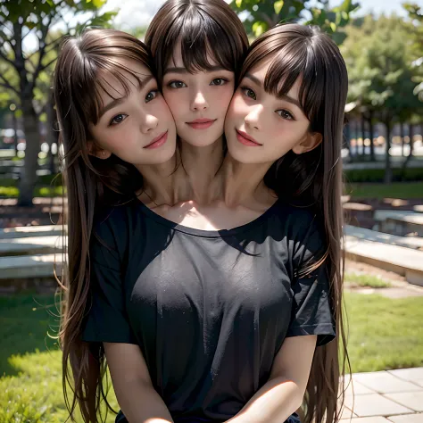 (best quality, 2heads, european girl with two head kissing girl on cheek, extremely long hair, different hair bangs,half color t...