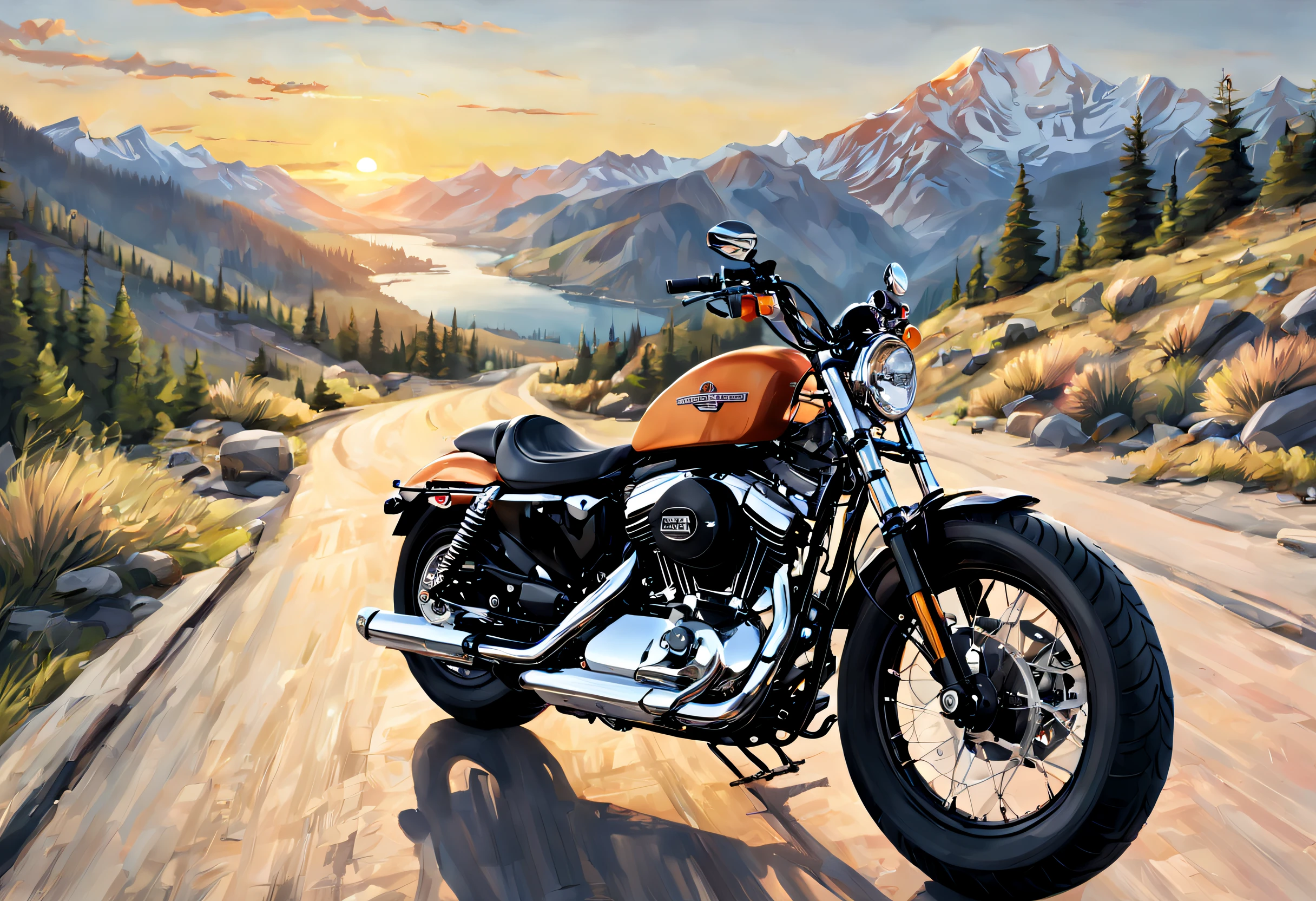 (best quality,highres,masterpiece:1.2),ultra-detailed,realistic,photorealistic:1.37,illustration,[Harley Davidson Sportster 883],mountainous landscape,fast, sunset, plenty of details, distant view