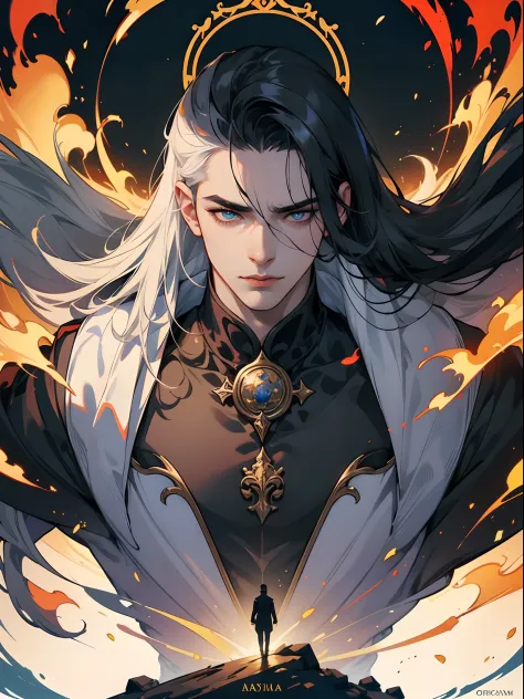 The character described is a tall, Muscular man, with an imposing appearance. Ele tem olhos de cor carmesim, que emanam um brilho intenso e cativante. They have long hair，It's completely white, adding an element of distinction to your look. He wears a blac...