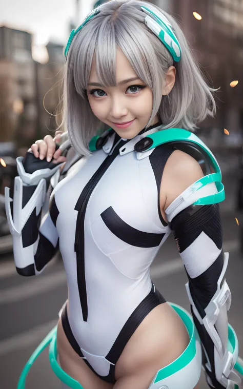 light smile, deva battle suit, outdoors, silver hair, bobhair, blue eyes, waistshot