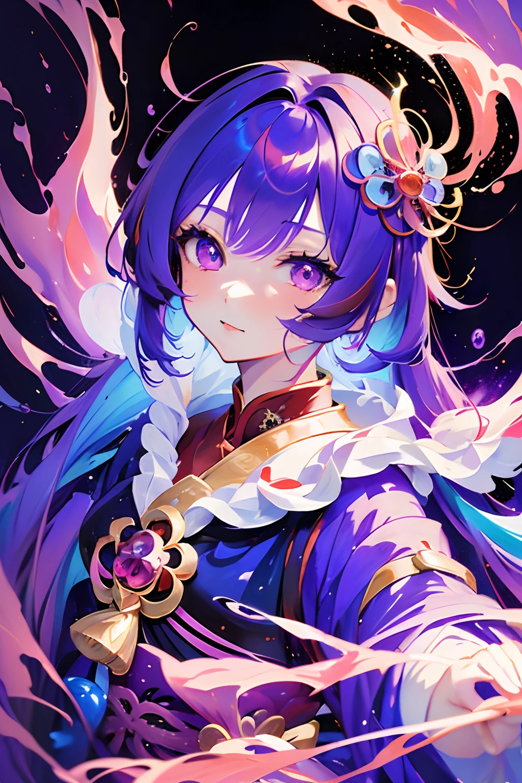 (masterpiece, 2 heads, best quality), best resolution, (2heads:1.5), 1girl, anime girl with purple hair and purple eyes in a purple outfit, ayaka genshin impact, [[[[grinning evily]]]], akasuki voidstar, onmyoji portrait, hajime yatate, anime moe artstyle, portrait knights of zodiac girl, keqing from genshin impact, ayaka game genshin impact