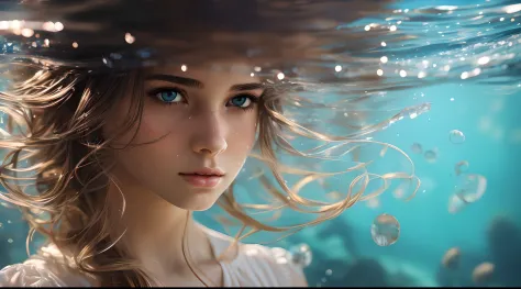 masterpiece, best quality, beautiful young girl, medium shot, detailed face and eyes, dress, underwater hair physics, air bubble...