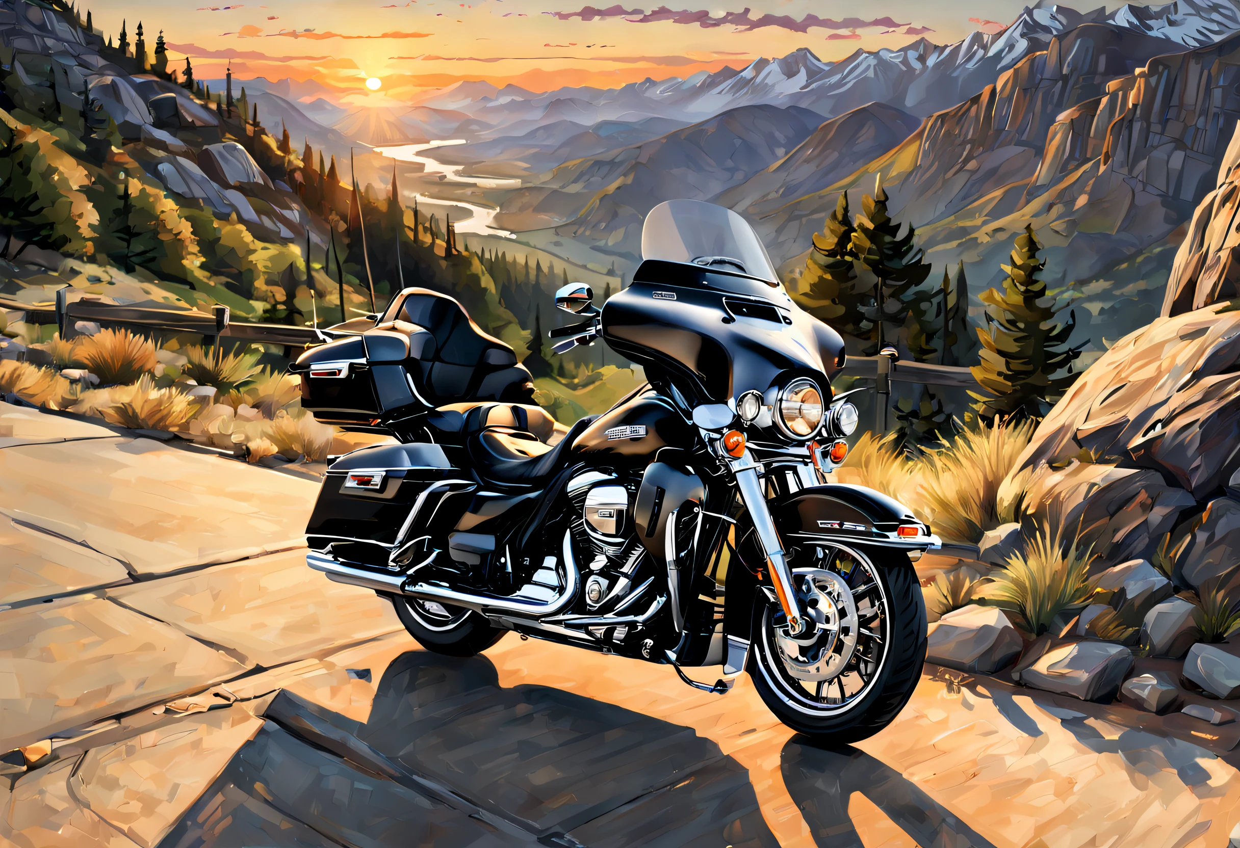 (best quality,highres,masterpiece:1.2),ultra-detailed,realistic,photorealistic:1.37,illustration,[Harley Davidson Electra Glide ultra limited prestige],mountainous landscape,fast, sunset, plenty of details, distant view