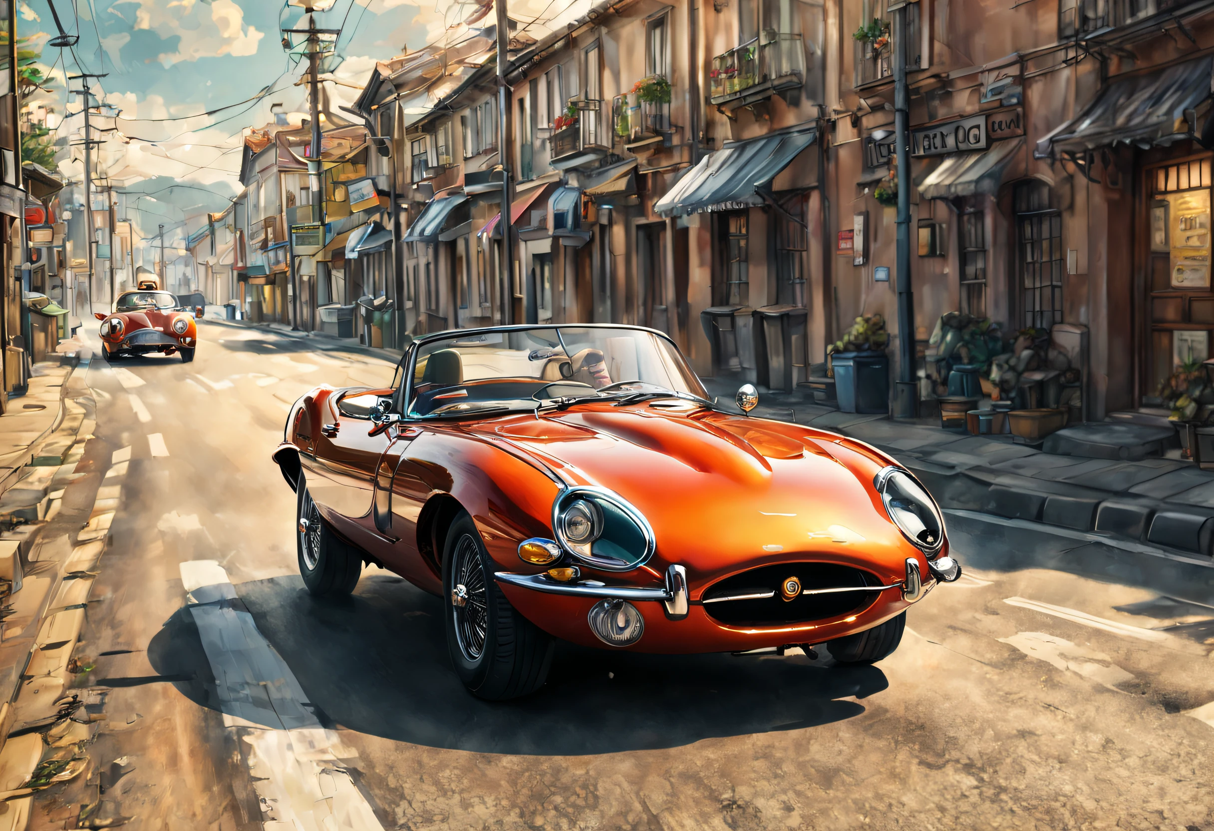 (best quality,4k,8k,highres,masterpiece:1.2),ultra-detailed,(realistic,photorealistic,photo-realistic:1.37),Jaguar Type E, driving on a road, manga-style drawing, Distant view, illustrated cars and landscapes, dynamic comic book style, vibrant colors, smooth linework, exaggerated perspective, atmospheric lighting