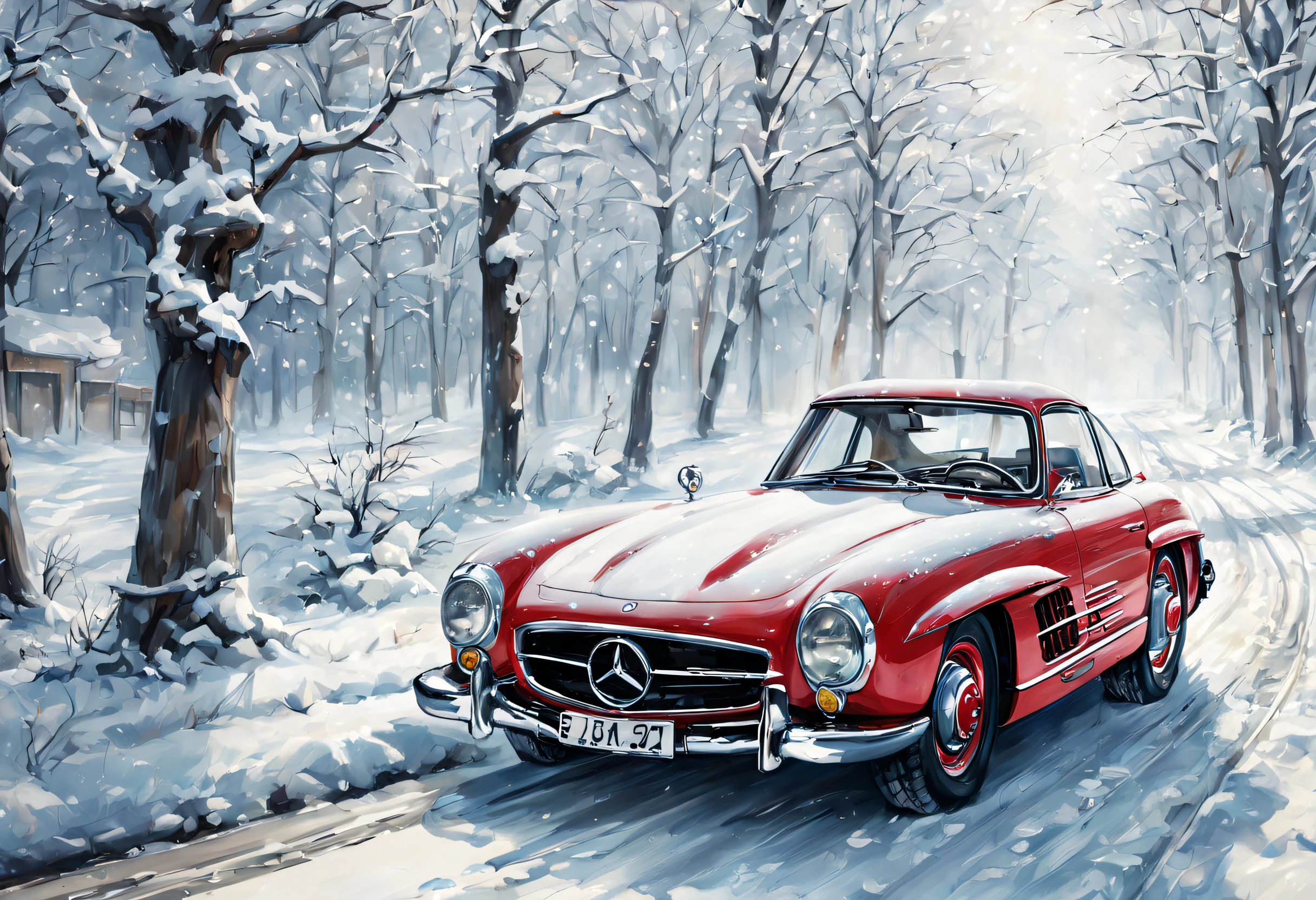 (a)Mercedes 300sl driving on snow,manga-style drawing,(best quality,4k,8k,highres,masterpiece:1.2),ultra-detailed,(realistic,photorealistic,photo-realistic:1.37),portrait,landscape,horror,anime,sci-fi,photography,concept artists,(HDR,UHD,studio lighting,ultra-fine painting,sharp focus,physically-based rendering,extreme detail description,professional,vivid colors,bokeh),Cool white-blue color tones emit from the snow,creating a captivating and cold atmosphere, which highlights the Mercedes 300SL as the focal point. With its sleek, aerodynamic design, the car stands out against the snowy landscape. The snowflakes falling softly onto the car's body add an extra touch of realism. The manga-style drawing enhances the stylishness of the car and brings a sense of dynamism to the image. The distant view allows the viewer to appreciate the vastness of the snowy landscape, creating a feeling of tranquility and isolation. Overall, the prompt aims to create a visually stunning and immersive artwork that combines the elegance of the Mercedes 300SL, the beauty of a winter landscape, and the unique style of manga art.