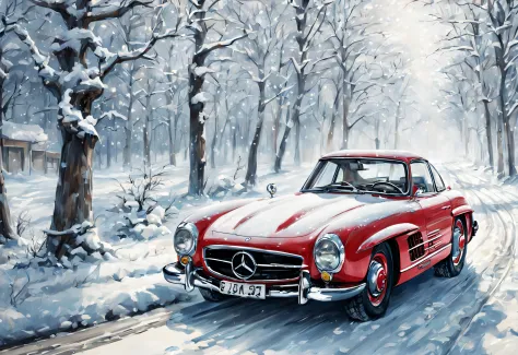 (a)Mercedes 300sl driving on snow,manga-style drawing,(best quality,4k,8k,highres,masterpiece:1.2),ultra-detailed,(realistic,pho...