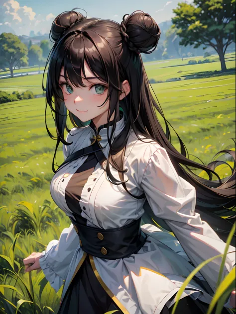 high-level image quality、Long hair in two buns, Bangs up、Forehead is exposed.、A dark-haired、Green eyes、grass field、Dark Tone、Shy smile, Vibrant colors、The upper part of the body, Delicate drawing、