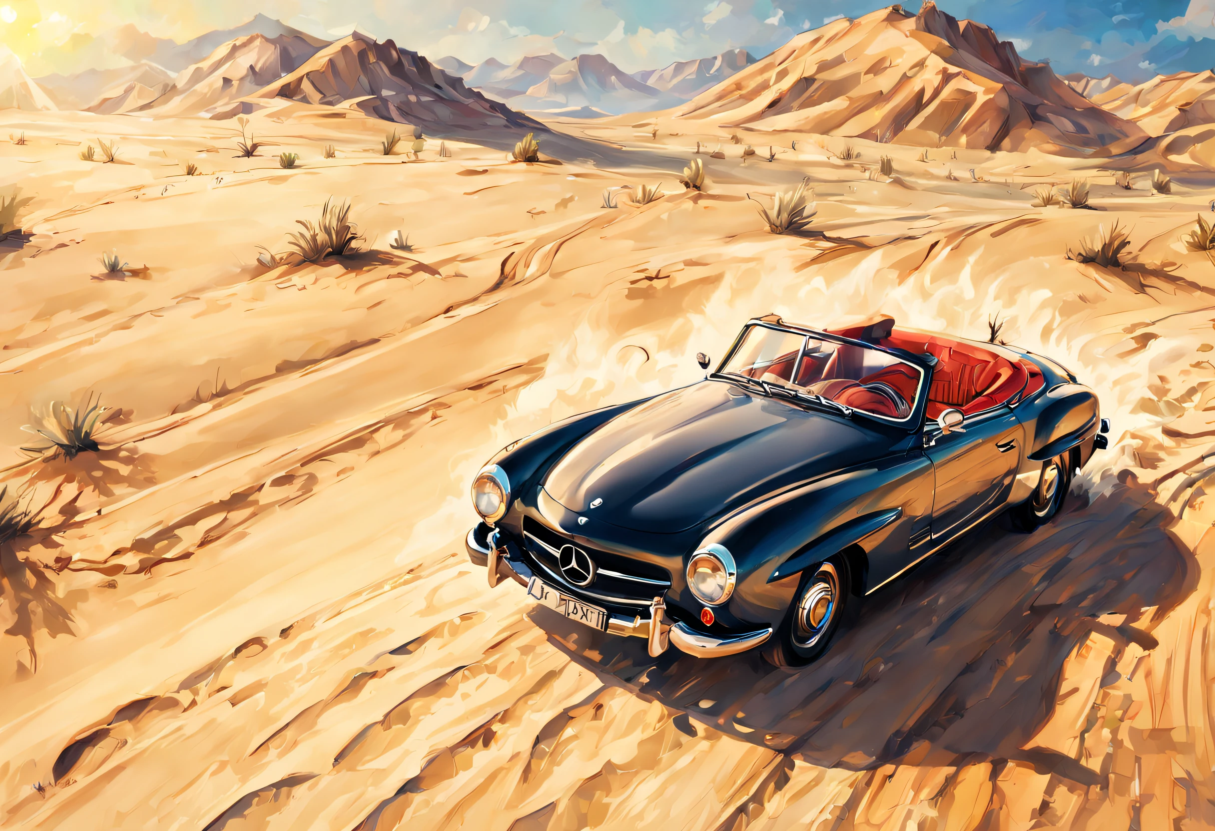 (mercedes 190sl,driving in desert,with sun,manga style drawing,realistic,distant view),(vivid colors,warm colors),(bright sunlight,sharp shadows,warm golden light),(best quality,ultra-detailed,realistic),(sand dunes,blue sky,remote road),(classic car,smooth lines,cruising),(adventure,loneliness,wandering),(wind in the hair,freedom,dreamy atmosphere),(manga comic book art,stylized characters,dynamic poses),(dusty surroundings,sense of motion),(sunglasses,flowing robes,wind-swept hair)