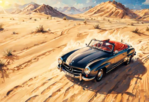 (mercedes 190sl,driving in desert,with sun,manga style drawing,realistic,distant view),(vivid colors,warm colors),(bright sunlig...