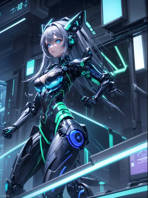 absurderes,(​masterpiece、top-quality、8K ),intricate detailes,ultra-detailliert、1 Beautiful, And a woman of perfect proportions,(Machine Girl 1.3),Purple long hair,cleavage,Navel,upper body,(Mechanical body,mechanical arms :1.4),(greenr&Silver metallic body...