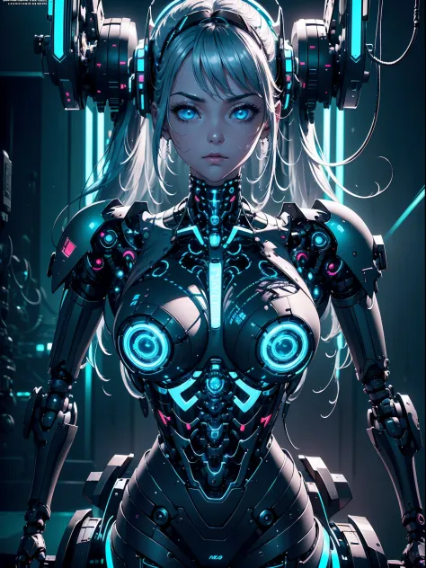 absurderes,(​masterpiece、top-quality、8K ),intricate detailes,ultra-detailliert、1 Beautiful, And a woman of perfect proportions,(Machine Girl 1.3),Purple long hair,cleavage,Navel,Upper body,(Mechanical body,mechanical arms :1.4),(greenr&Silver metallic body...