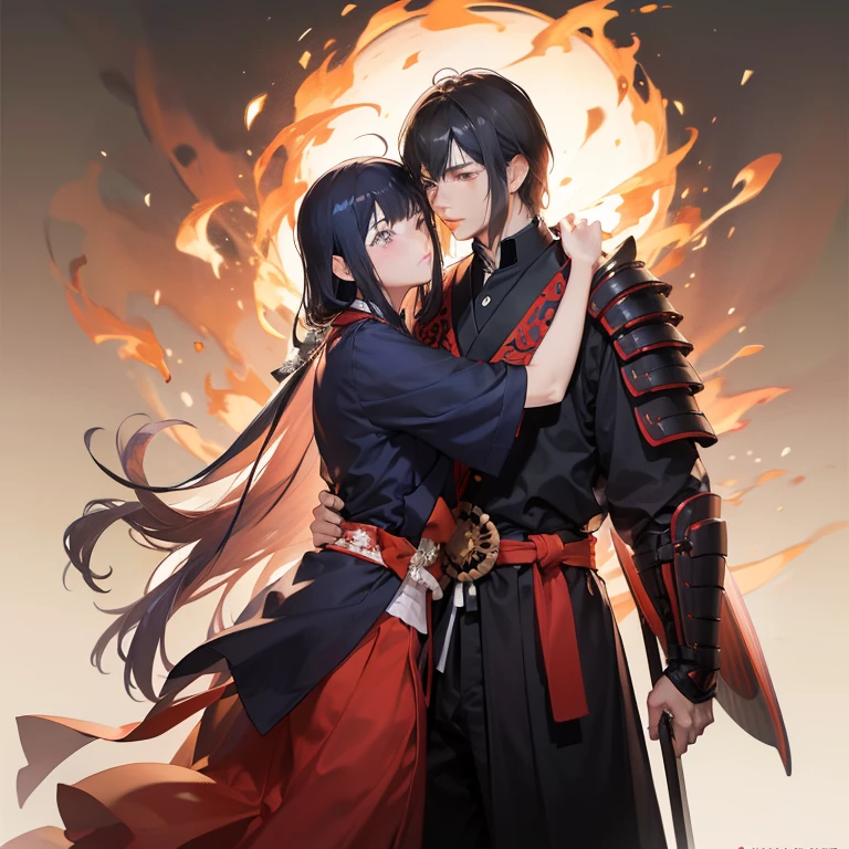 Un couple, Ode à Nobunaga, Homme samouraï, costume de samouraï, armure de samouraï,Nohime Cheveux Longs Noirs, câlin, Fond en feu, L’arrière-plan est un temple,Un amour chaud