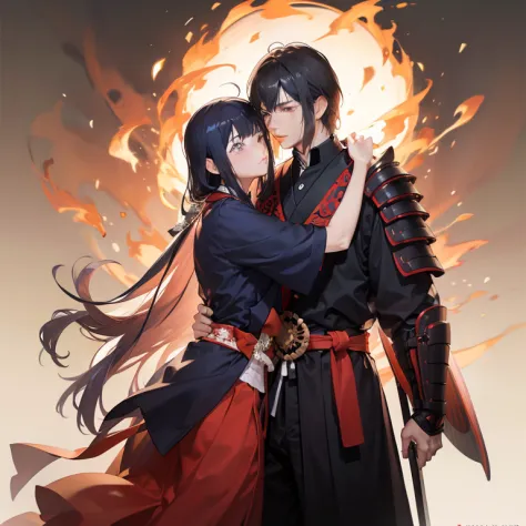 a couple, Oda Nobunaga, Samurai Man, Samurai Suit, Samurai armor,Nohime Black Long Hair, hug, background on fire, The background...