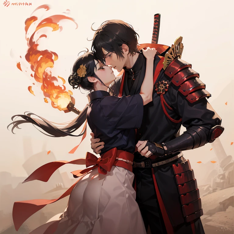 um casal, Ode a Nobunaga, Samurai Man, terno de samurai, Armadura Samurai,Cabelo Comprido Preto Nohime, abraço, fundo em chamas, O fundo é um templo,Amor quente