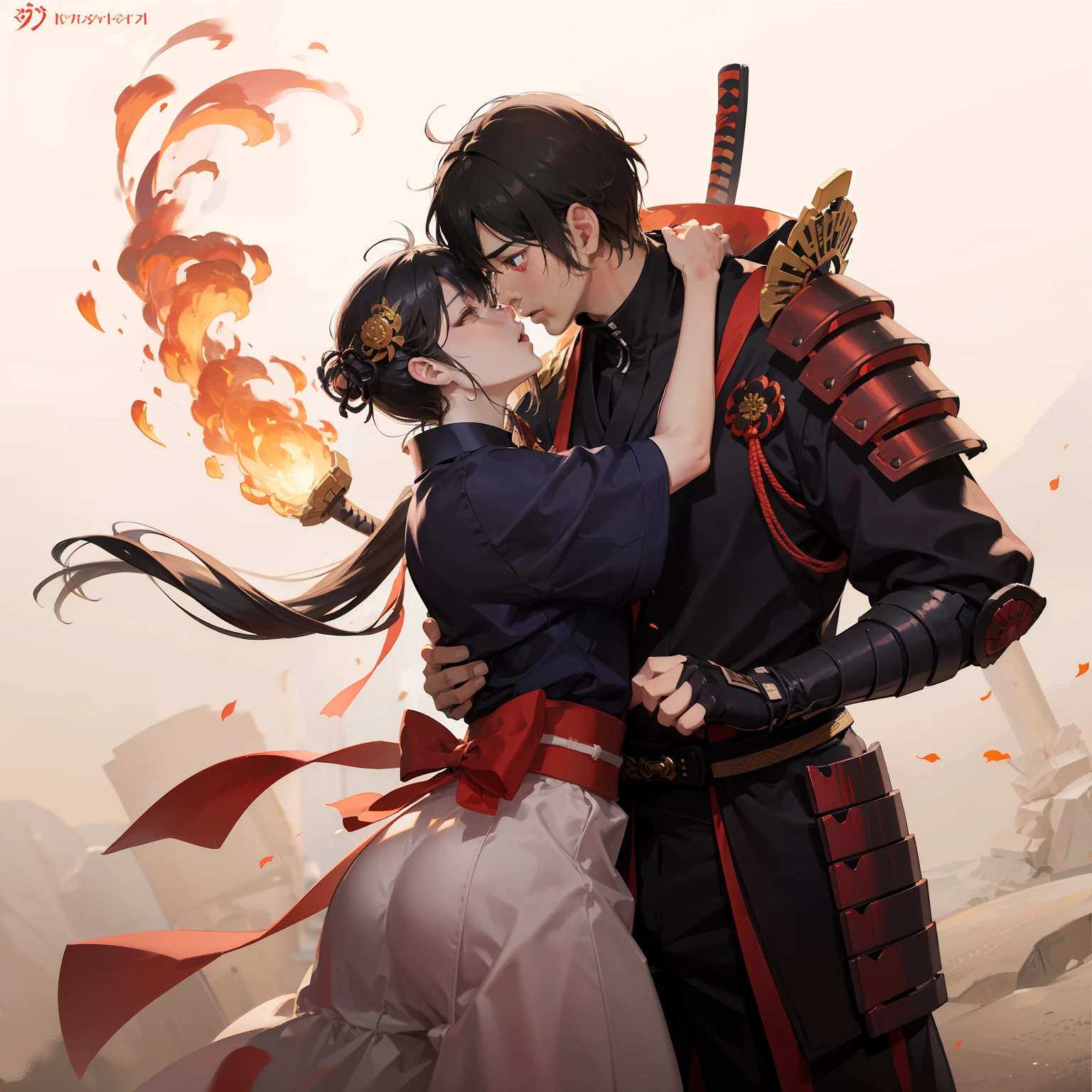 una pareja, Oda a Nobunaga, hombre samurái, traje samurái, armadura samurái,Nohime pelo largo negro, abrazo, fondo en llamas, El fondo es un templo.,Amor caliente