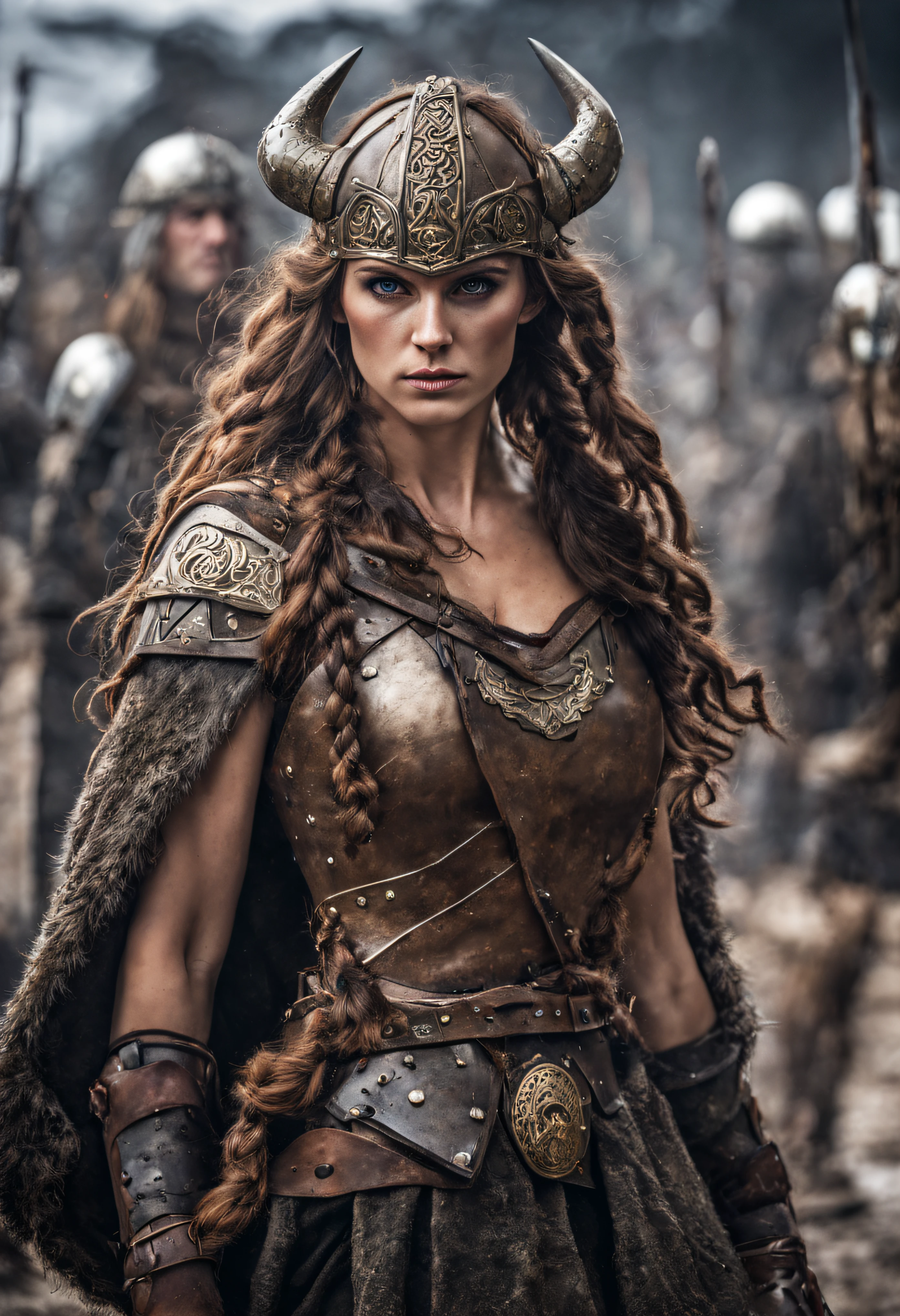 (corps entier), guerrier viking, belle aux yeux verdâtres, avec ses longues tresses blondes, son casque de fer et ses sangles et protections métalliques, qui dévoile une robe sale et déchirée avec sa minijupe sexy, à travers le feu de la bataille, Se tient en zone de guerre en marche dynamique en fronçant les sourcils, éclairage de l&#39;heure d&#39;or, (détails complexes de la machine).image photoréaliste,netteté maximale, Qualité 8K.(chef-d&#39;œuvre de qualité supérieure).