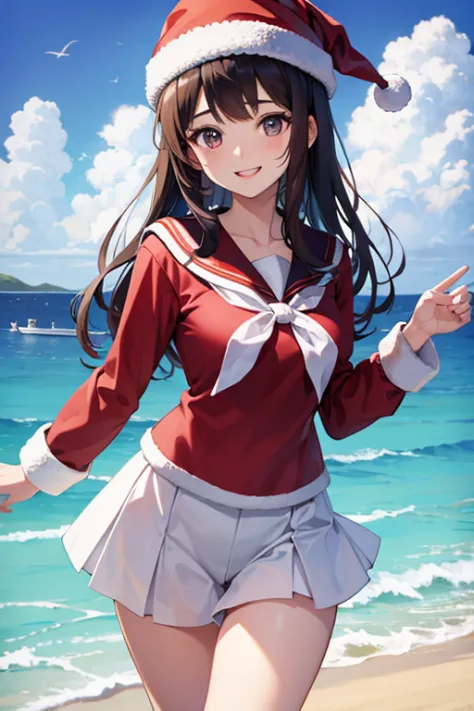 Smiling dark-haired girl in a sailor suit wearing a Santa Claus hat